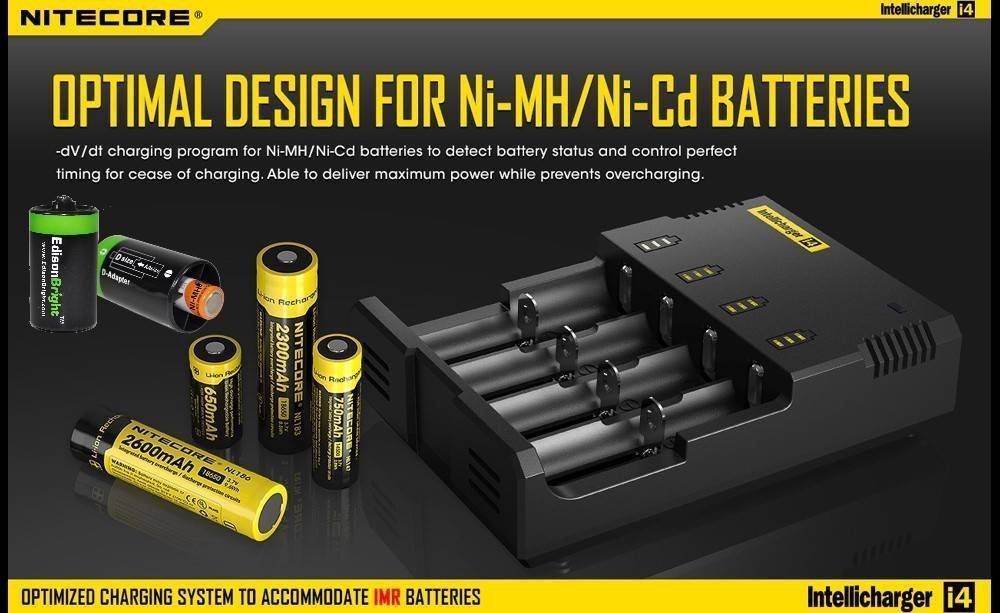 NITECORE New i4 Universal Battery Charger for Li-ion, IMR, Ni-MH, Ni-Cd - Compatible with 18650, 18350, 16340, RCR123, 14500, AA, AAA, C, D Batteries - Includes AC/DC Power Cords & EdisonBright BBX3 Battery Box - Perfect for Home, Office, Travel, and Emergency Power Backup