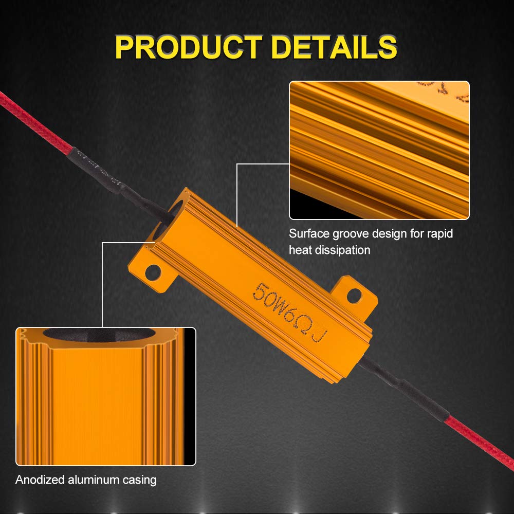Premium Safego 50W 6Ohm LED Load Resistors (4-Pack) - High Quality Resistors for LED Turn Signals, License Plate Lights & DRL - Fix Hyper Flash & Bulb Out Warnings - Perfect for Cars, Trucks & Motorcycles