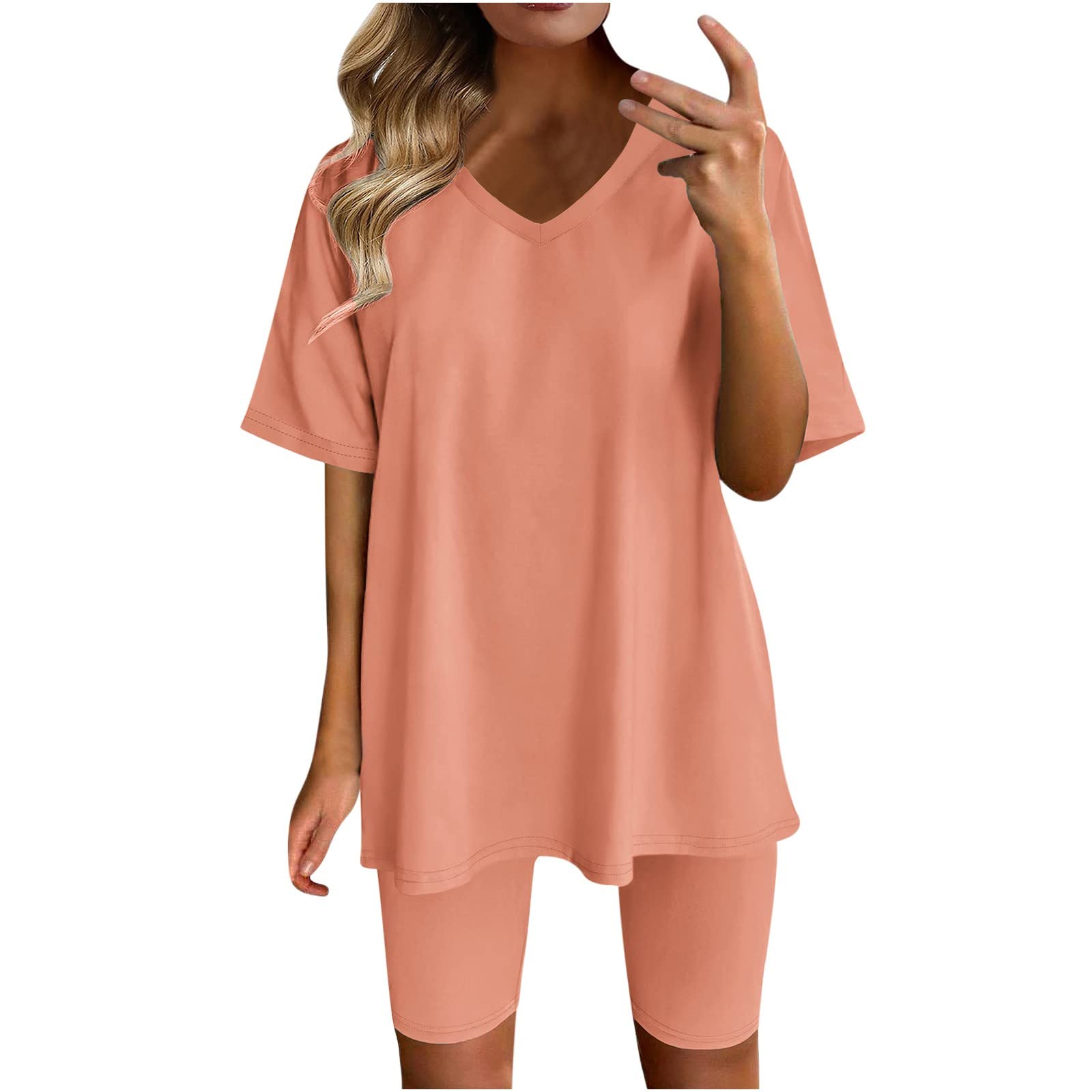 Women's 2-Piece Summer Outfit - V-Neck Oversized T-Shirt & Biker Shorts Set | Workout, Yoga, Lounge & Casual Wear | Breathable Comfort Outfits for Women
