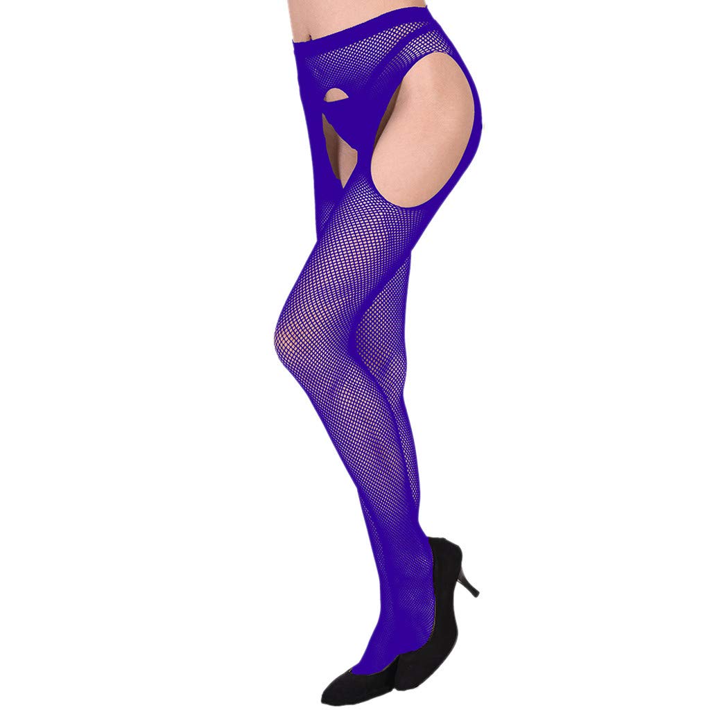 Sexy Purple Lace Bodysuit with Fishnet Pantyhose & Suspender Stockings - Women's Erotic Hosiery for Lingerie, Role Play & Special Occasions