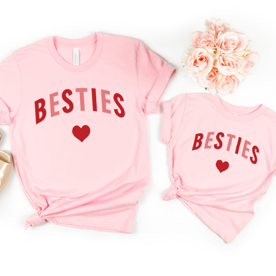 Besties Love Hearts Mom & Daughter Matching Light Pink T-Shirts - Cute Family Outfits for Mother's Day, Valentine's Day & Photo Shoots