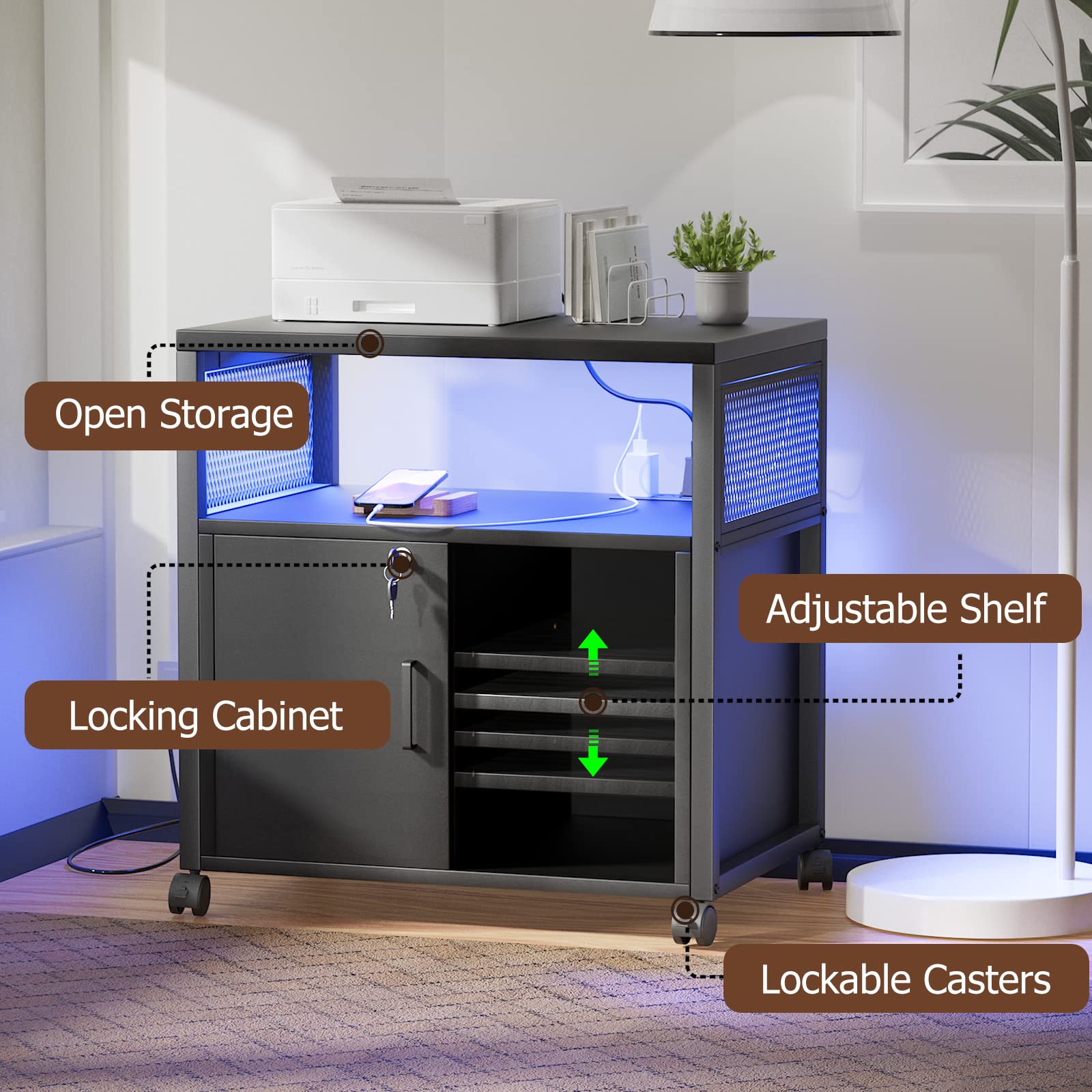 Unikito LED File Cabinet with Power Outlets & USB Ports - Mobile Printer Stand with Storage - Office Lateral Filing Cabinet for Letter/A4/Legal Size Documents - Black - Perfect for Home Office & Workspace Organization