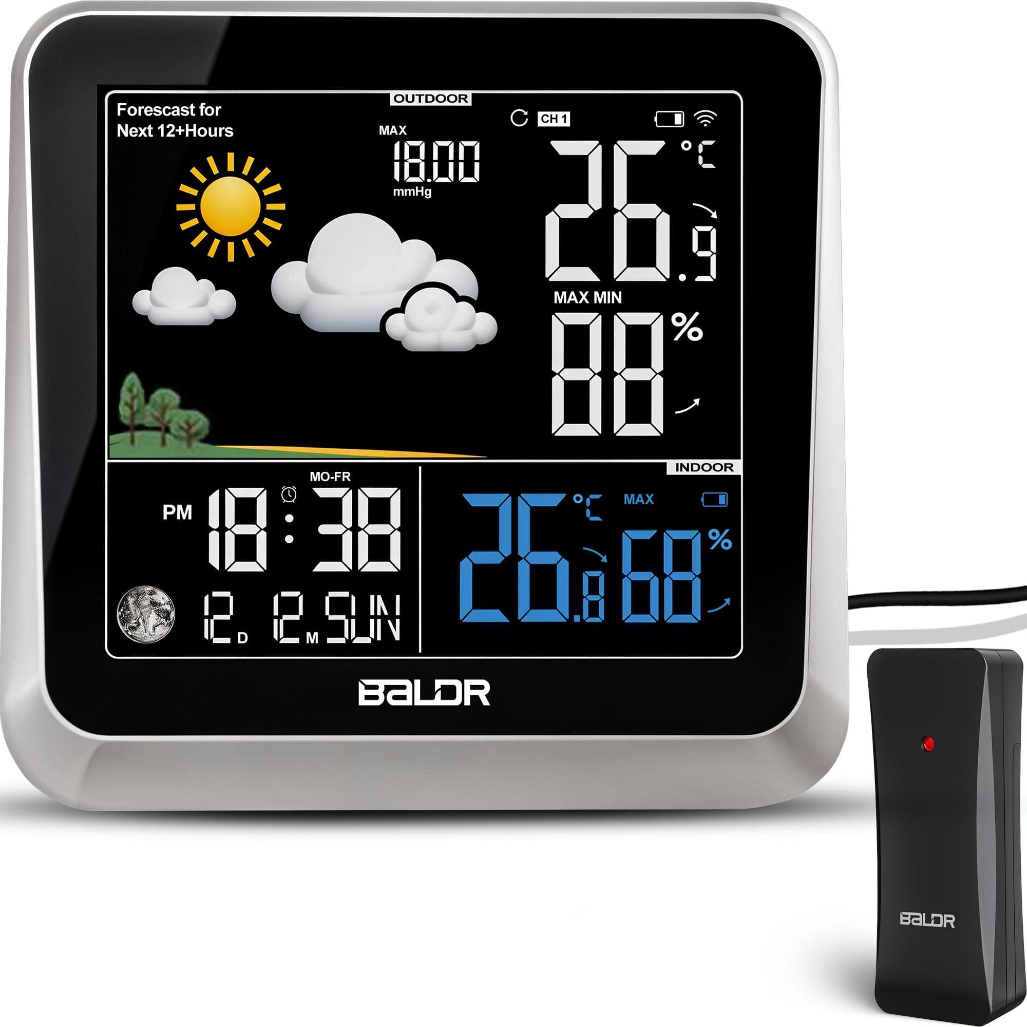 BALDR Wireless Weather Station Clock - Indoor Outdoor Thermometer with Weather Forecast, Barometer & Moon Phase Display - Accurate Temperature Humidity Monitor for Home, Office, Garden & Camping