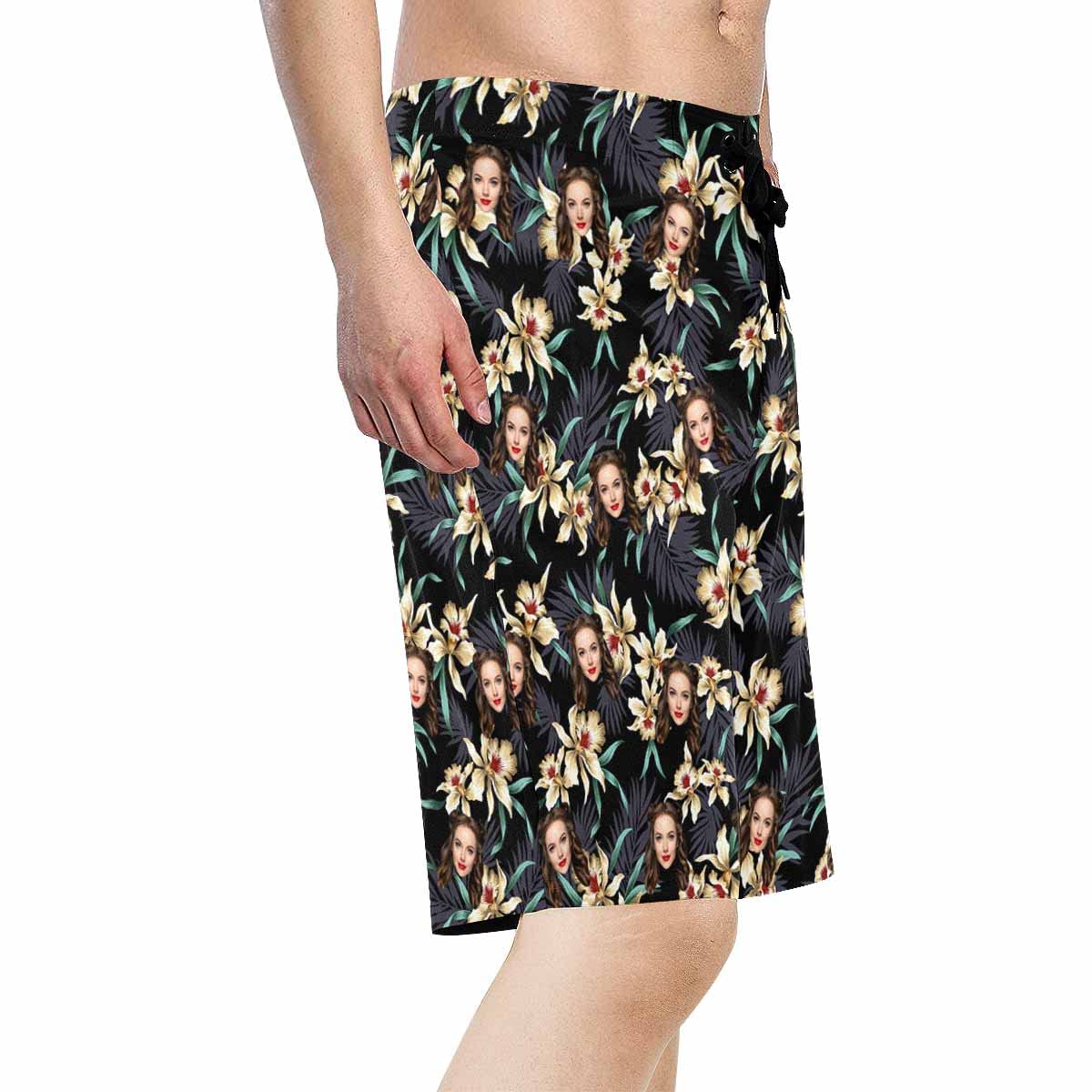 Custom Printed Face Flag Men's Quick Dry Swim Trunks - Personalized Beach Board Shorts with Wife's Photo - Perfect for Swimming, Vacation & Summer Outdoor Activities