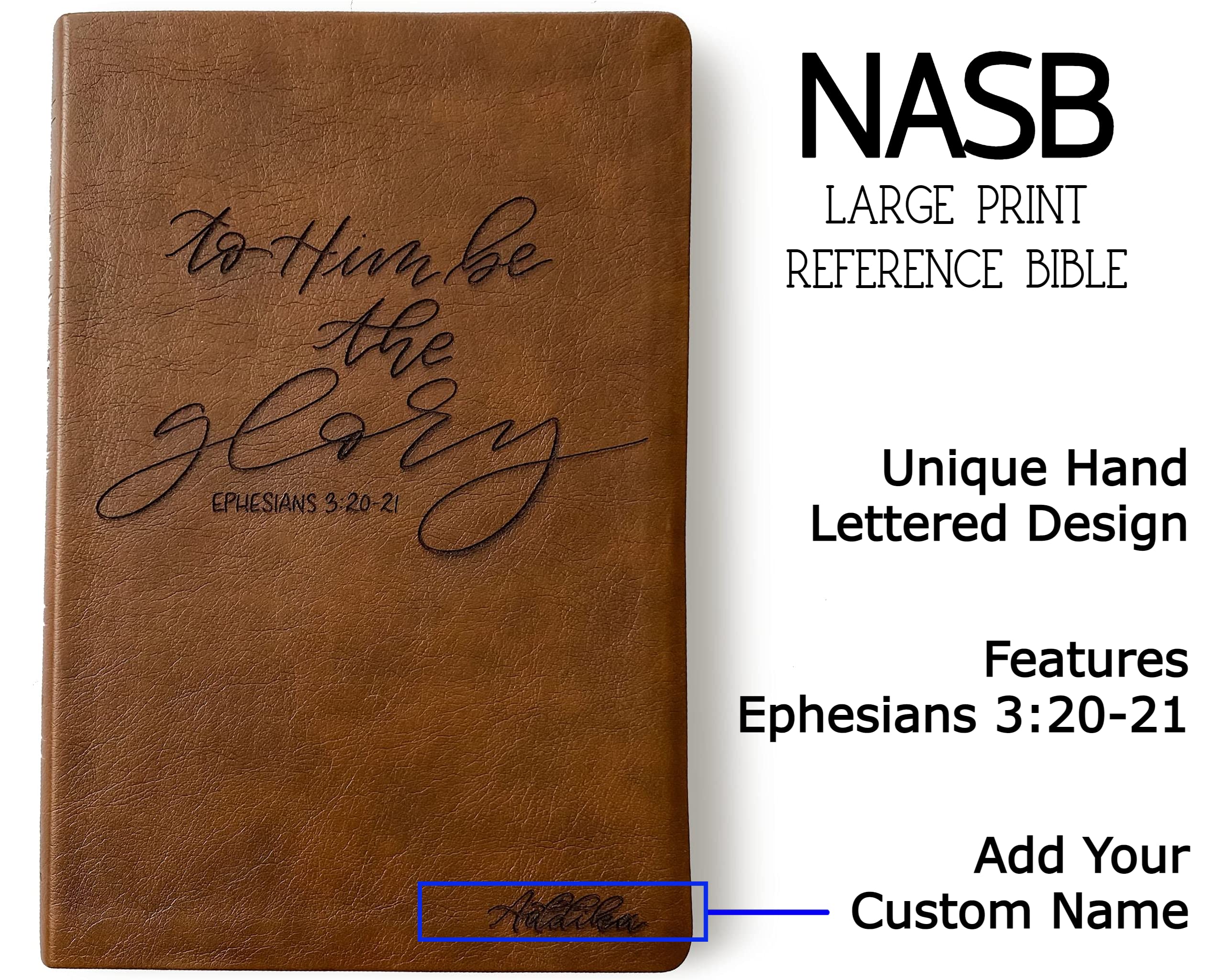 Personalized NASB Large Print Reference Bible - Hand Lettered & Laser Engraved Brown Leather Cover | Custom Name Engraving Available | Perfect for Daily Devotion, Bible Study & Gift Giving