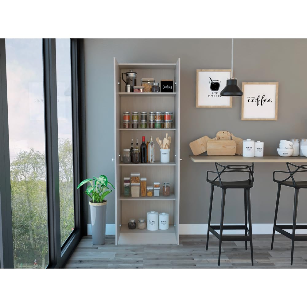 Tuhome 5-Shelf Double Door Pantry Cabinet with Multistorage - Pearl White | Perfect for Kitchen, Pantry, and Home Organization Storage Solutions
