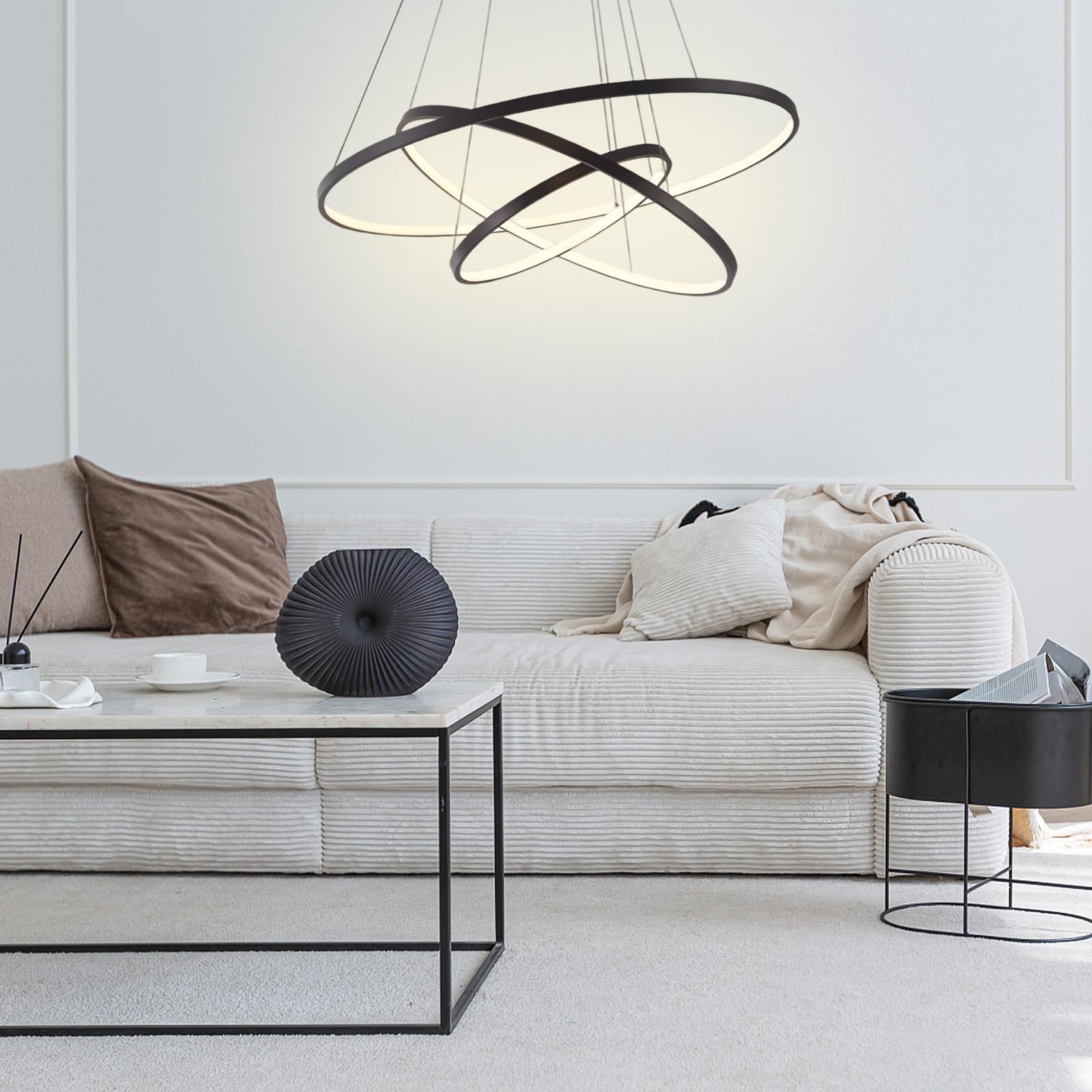 Modern LED Pendant Light 3-Ring Chandelier - Black Circle Hanging Light Fixture for Living Room, Dining Room & Office (Warm White) - Perfect for Modern Home Decor, Restaurant Lighting & Workspace Illumination