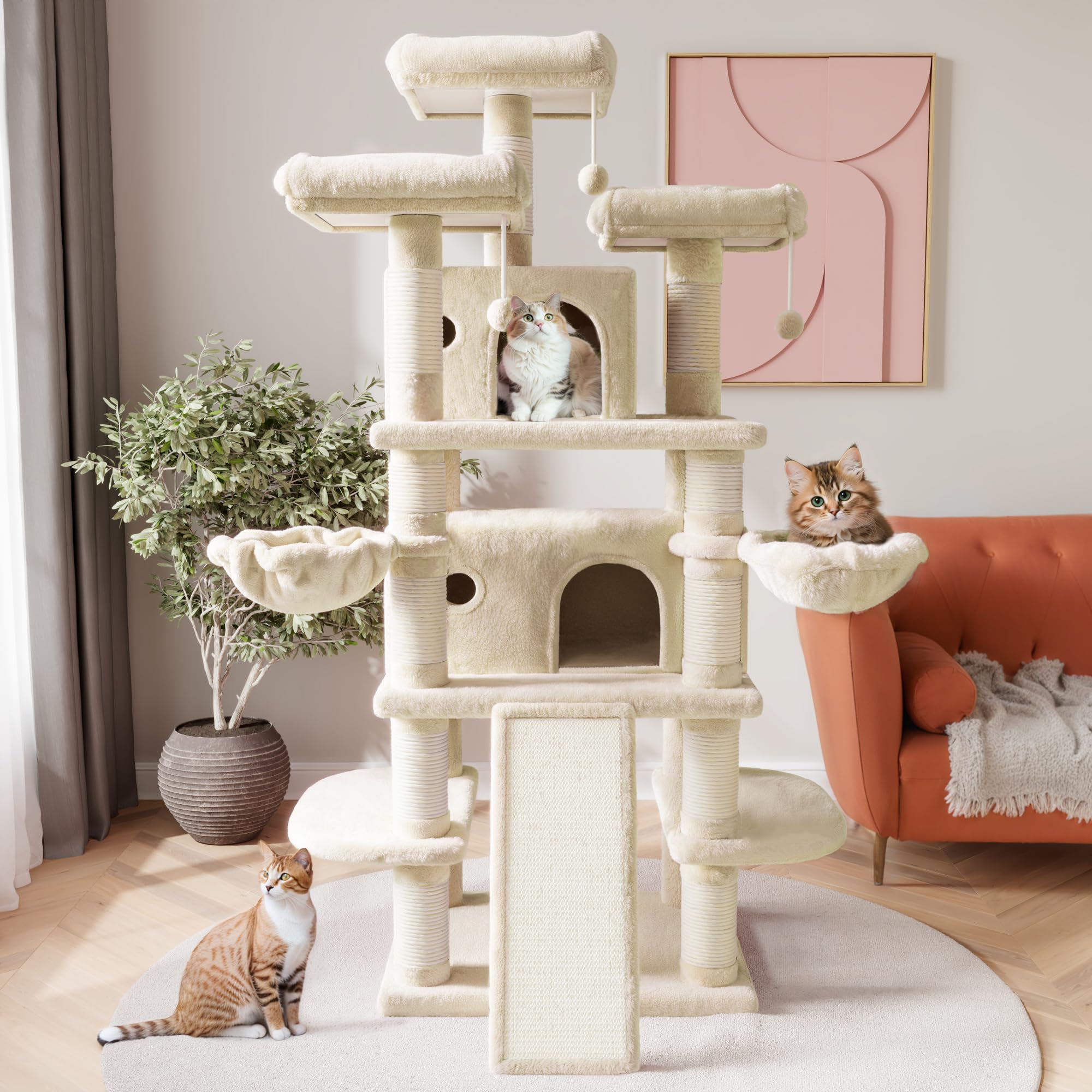 68-Inch Multi-Level Large Cat Tree for Big Cats - Sturdy Cat Tower with Condo, Plush Perches, Sisal Scratching Posts & Hammocks - Indoor Activity Center for Kitties (Beige) - Perfect for Play, Climbing & Relaxing in Living Rooms & Pet-Friendly Homes