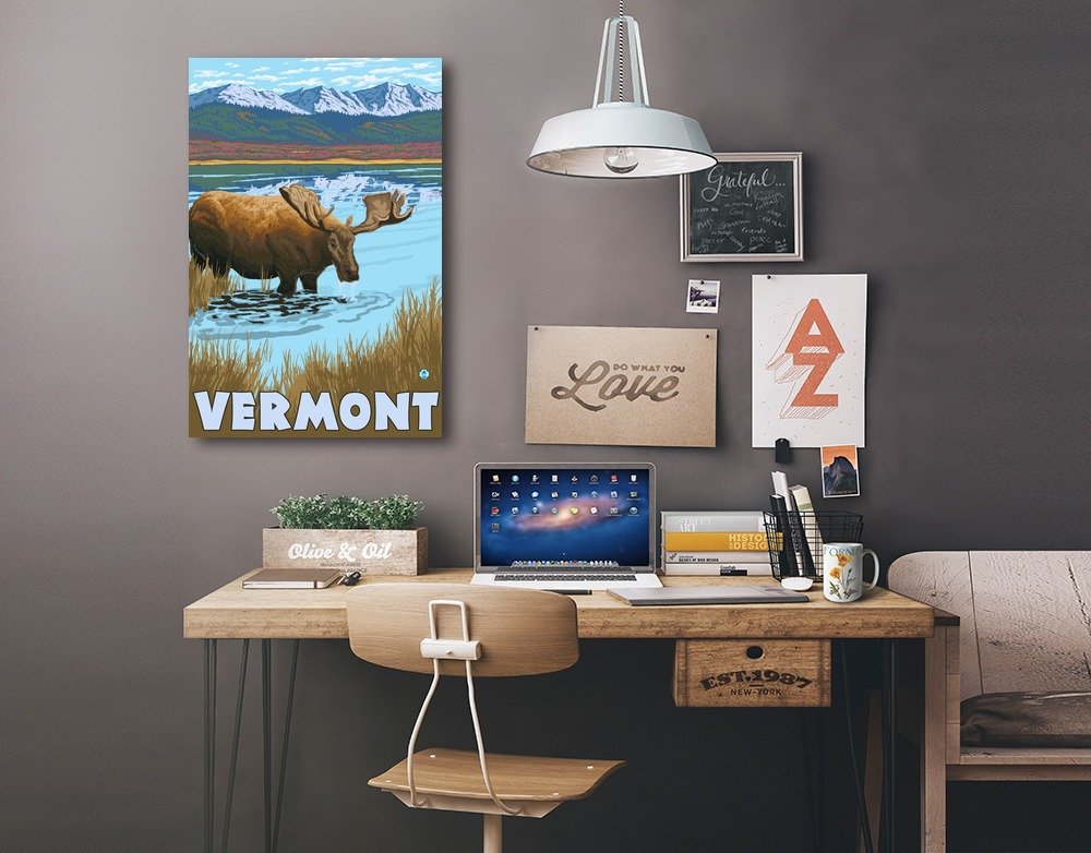 Lantern Press Vermont Moose Drinking in Lake - 16x24 Wrapped Canvas Wall Art for Living Room, Bedroom & Office Decor | Nature Wildlife Painting for Home & Cabin