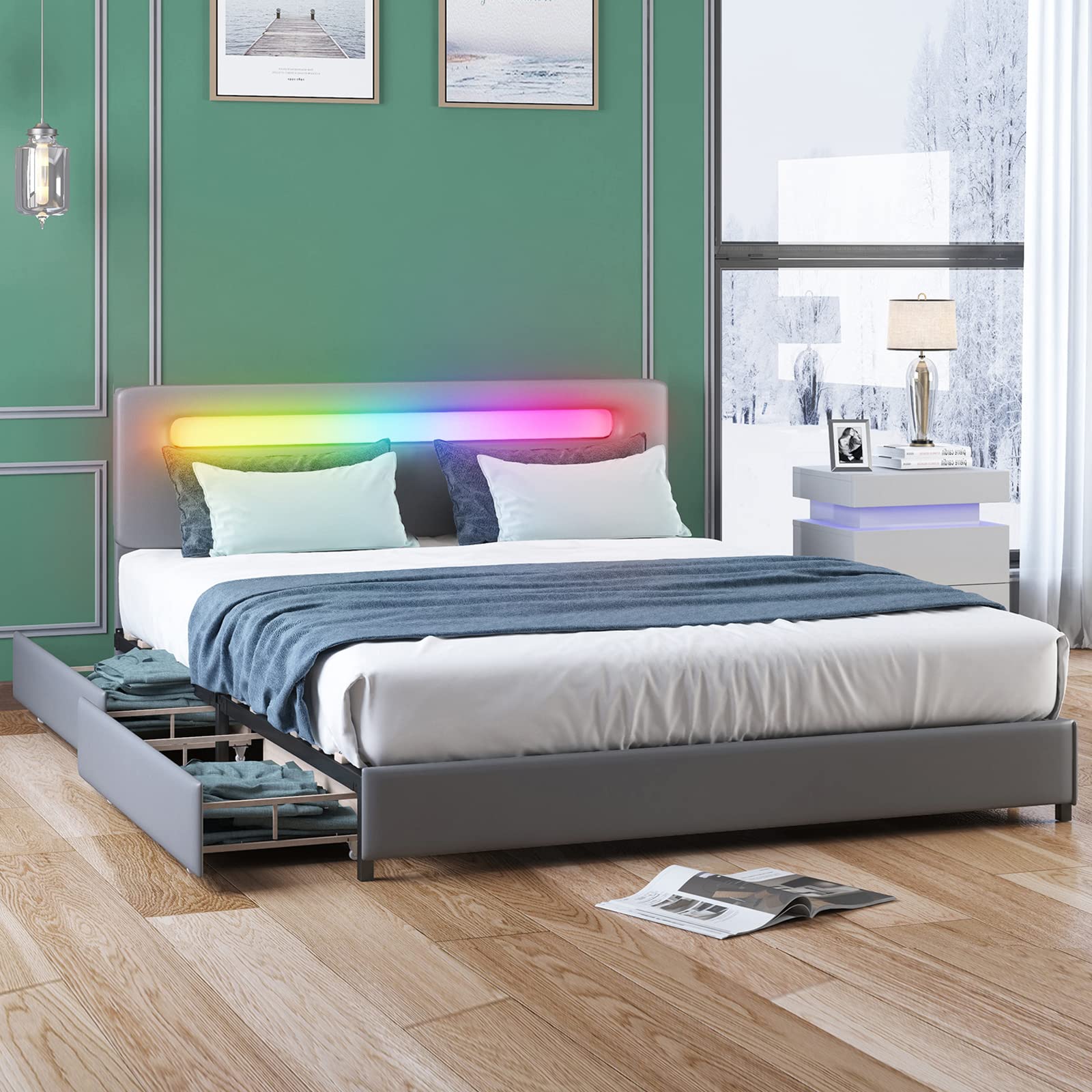BALUS Full Size Bed Frame with 4 Storage Drawers & RGB LED Headboard - App Controlled Smart Bed with Alexa Compatibility, Music Sync Color Changing Lights, No Box Spring Required, Easy Assembly, Grey - Perfect for Modern Bedrooms, Gaming Setups & Smart Home Decor