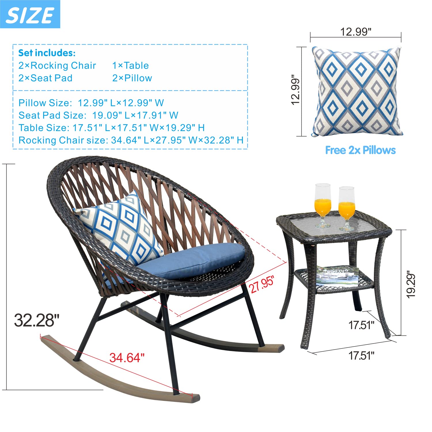 Ovios 3-Piece Patio Rocking Bistro Set - Outdoor Wicker Furniture with Glass Coffee Table, Porch Rocking Chairs Conversation Set for Small Spaces, Deck, Terrace, Garden (Blue) - Perfect for Relaxing, Entertaining & Enjoying Morning Coffee Outdoors