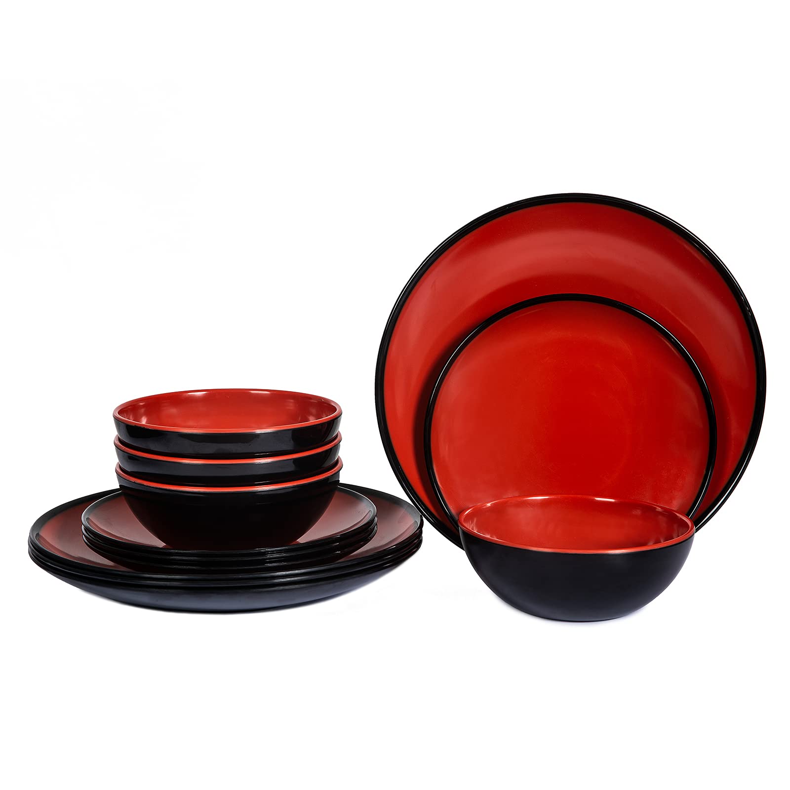 Melamine Dinnerware Set 12pcs - Red+Black Plates & Bowls for 4, Dishwasher Safe | Indoor & Outdoor Dining