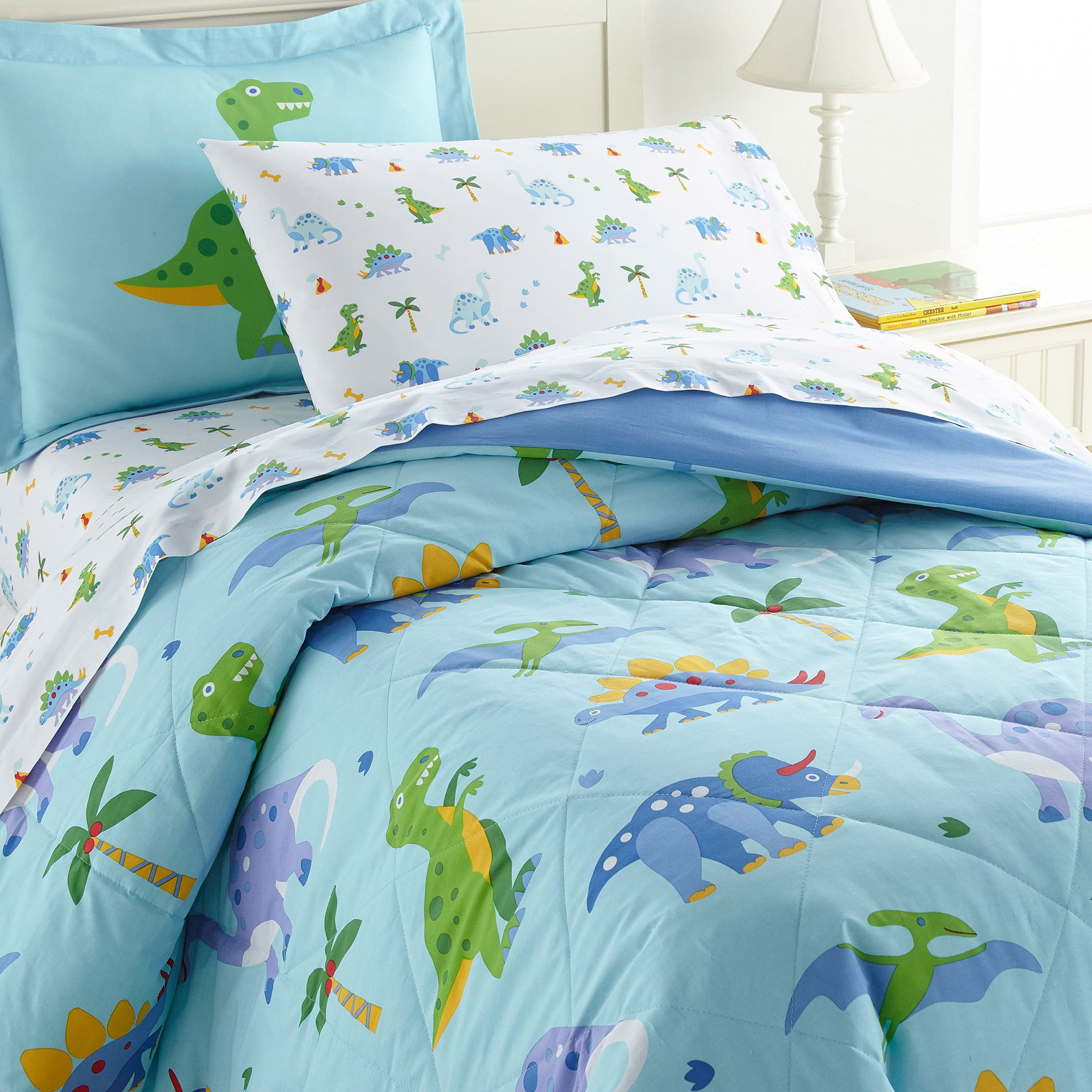 Wildkin Dinosaur Land Plush Blanket Bundle - 5 Piece Twin Bed in a Bag Set | Ultra Soft Cotton Blanket for Kids & Adults | Perfect for Bedroom, Dorm Room, Sleepovers & Cozy Movie Nights