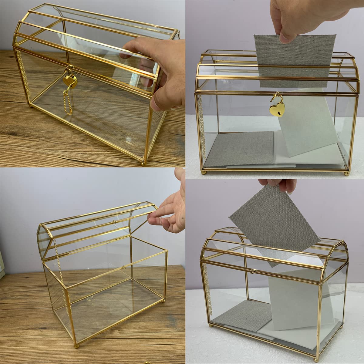 Elegant Gold Wedding Card Box with Slot & Lock - Glass & Brass Gift Holder for Wedding, Bridal Shower, Baby Shower - Secure Money & Envelope Storage for Reception Decor
