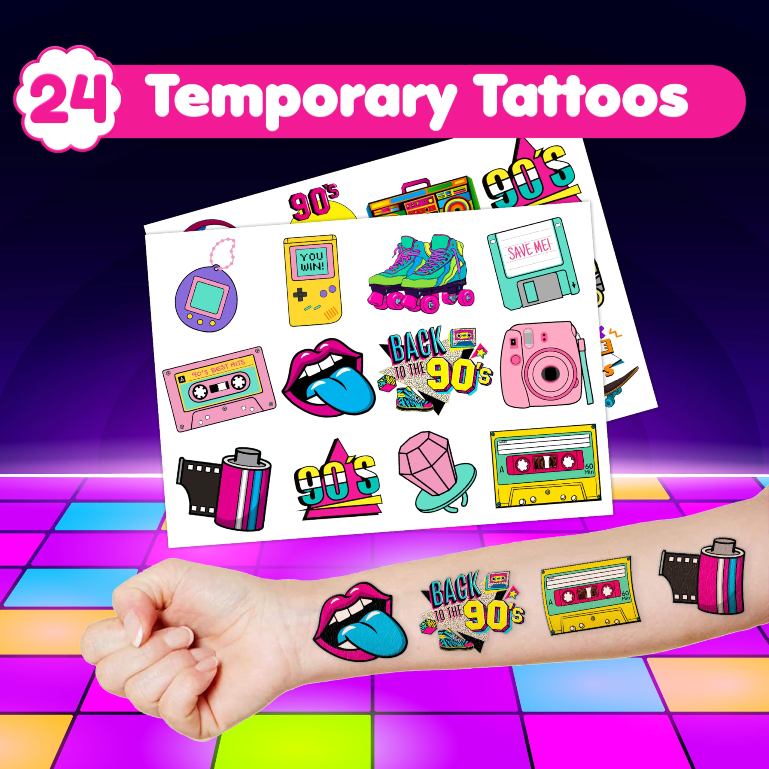48PCS 90s & 80s Party Favors - 24PCS Temporary Tattoos & 24PCS Slap Bracelets, Retro 90s Birthday Party Supplies Decorations for Kids, Classroom Prizes & Rewards for Boys & Girls - Perfect for 90s Theme Parties, School Events & Birthday Gifts