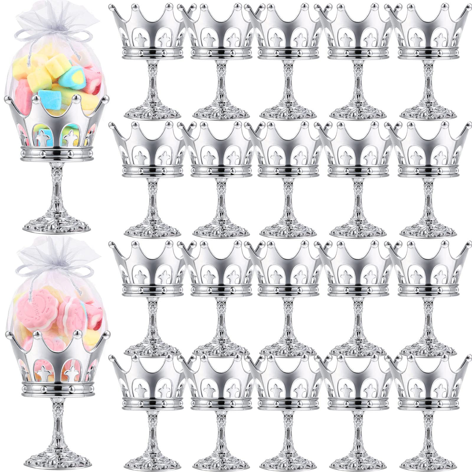30 Pack Silver Fillable Crown Goblets with Pouch - Candy Box Containers for Wedding Party Favors, Baby Showers & Birthday Decorations - Perfect for Chocolate, Cake & Dessert Displays
