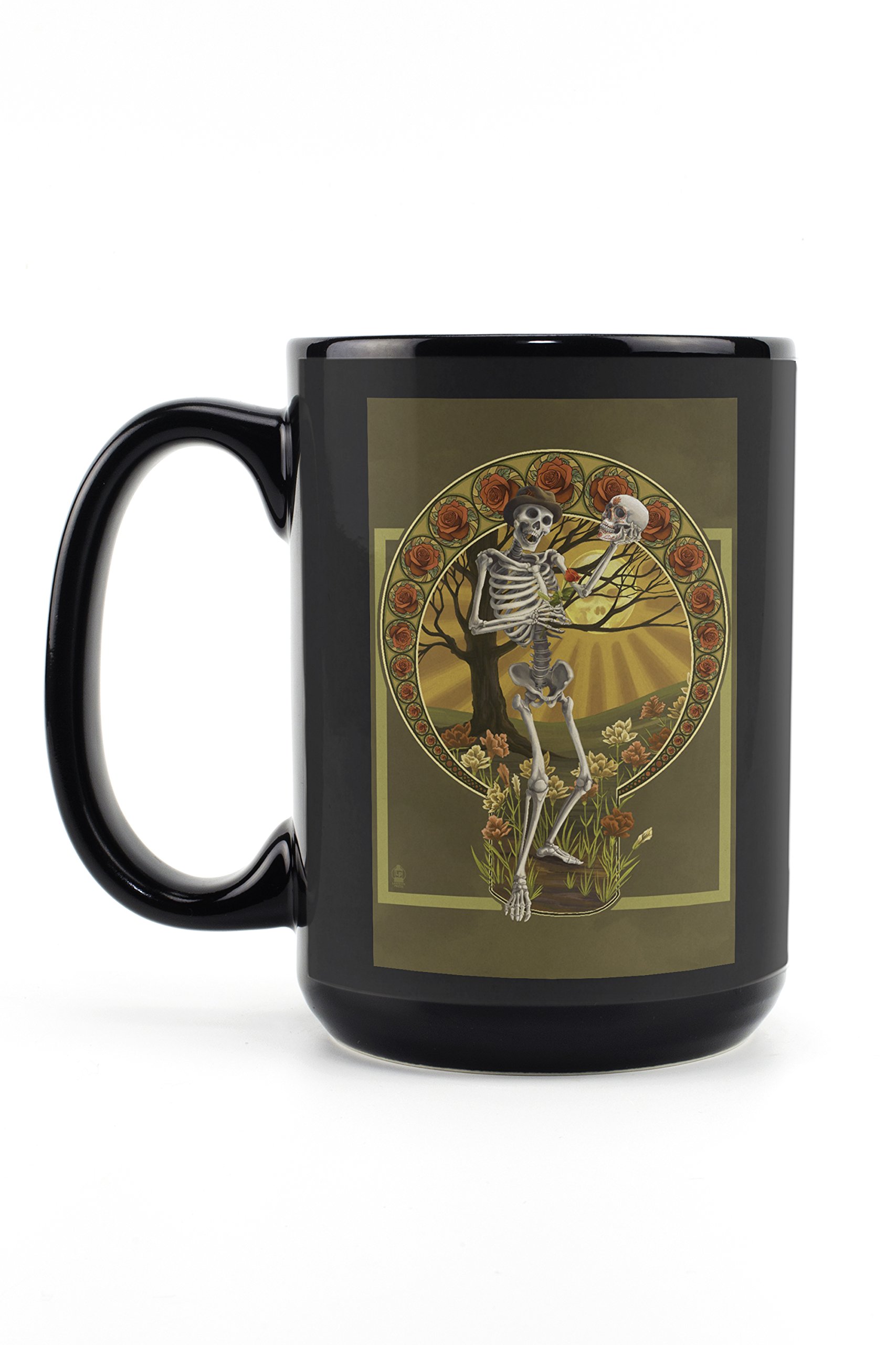Lantern Press Day of the Dead Ceramic Mug - 15oz Black Coffee Cup with Skeleton & Sugar Skull Design, Dishwasher & Microwave Safe - Perfect for Halloween, Dia de los Muertos Celebrations & Gift Giving