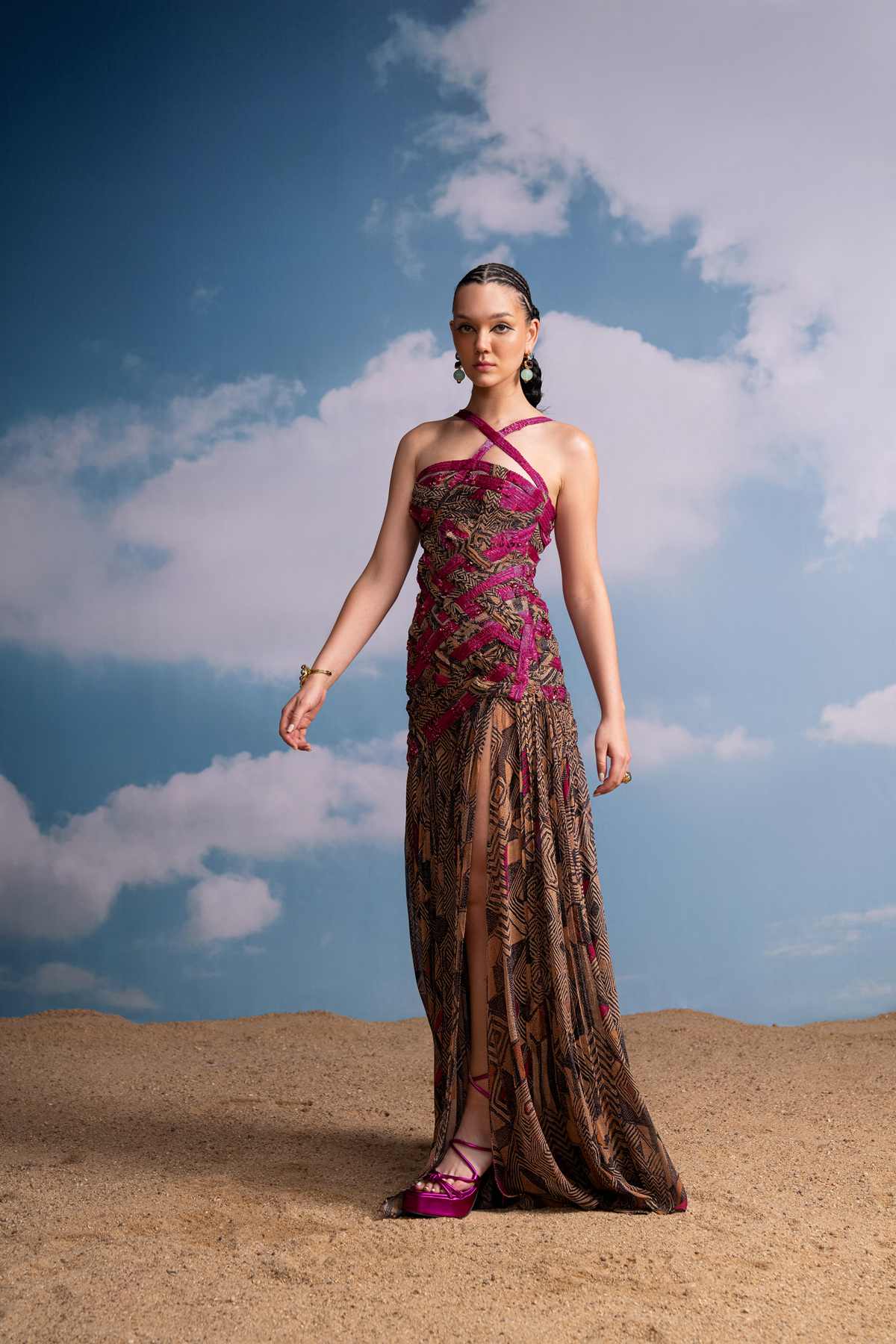 Fuchsia Geometric Print Braided Dress with Beaded Hand Embroidery - Elegant Boho Chic Maxi Dress for Women, Perfect for Summer Weddings, Beach Vacations & Special Occasions