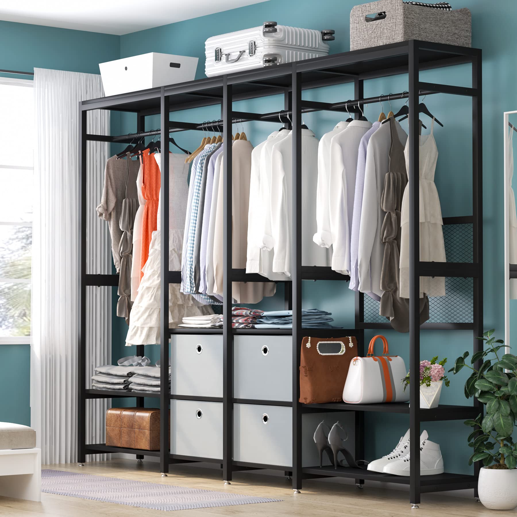 Tribesigns Heavy Duty Freestanding Closet Organizer - Extra Large Metal Garment Rack with Shelves & Hanging Rod - Vintage Walnut Board & Black Metal Frame - Perfect for Bedroom, Closet, Laundry Room Organization
