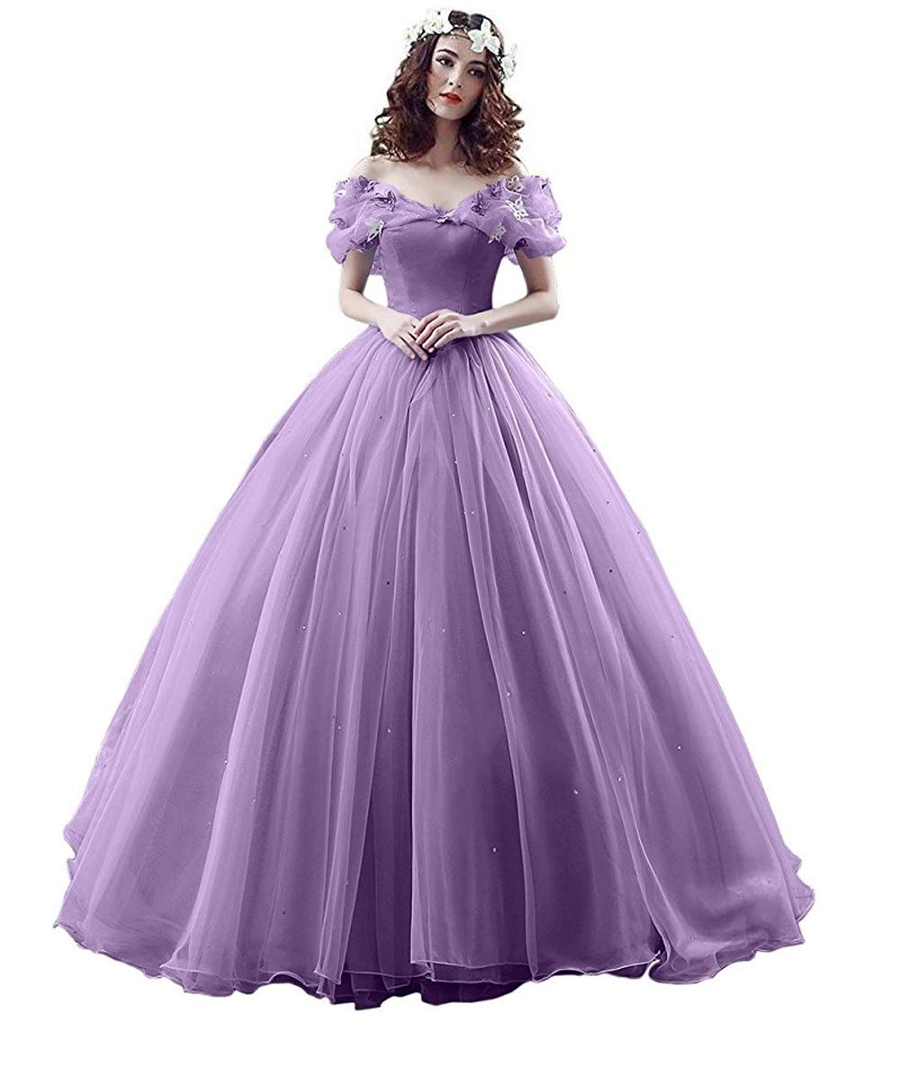 XIA Women's Off Shoulder Princess Prom Gown - Elegant Butterfly Embroidery Cinderella Quinceanera Dress - Long Formal Wedding Dress in Lilac (Size 4) - Perfect for Prom, Quinceañera, Pageants & Special Occasions