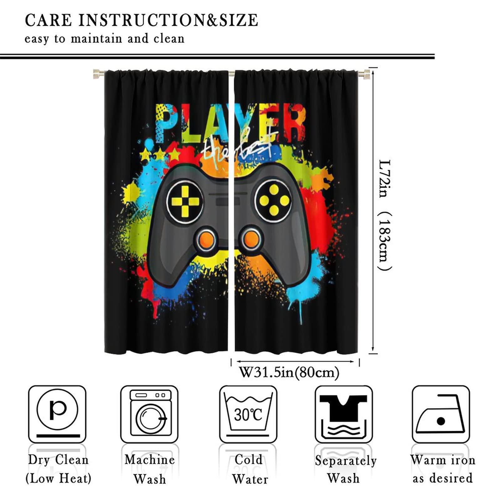 Colorful Game Joystick Gamer Window Curtain - Room Darkening Rod Pocket Blackout Curtain for Boys Girls Teens Bedroom (63x72 Inches) - Perfect for Gaming Rooms, Kids' Bedrooms & Man Caves