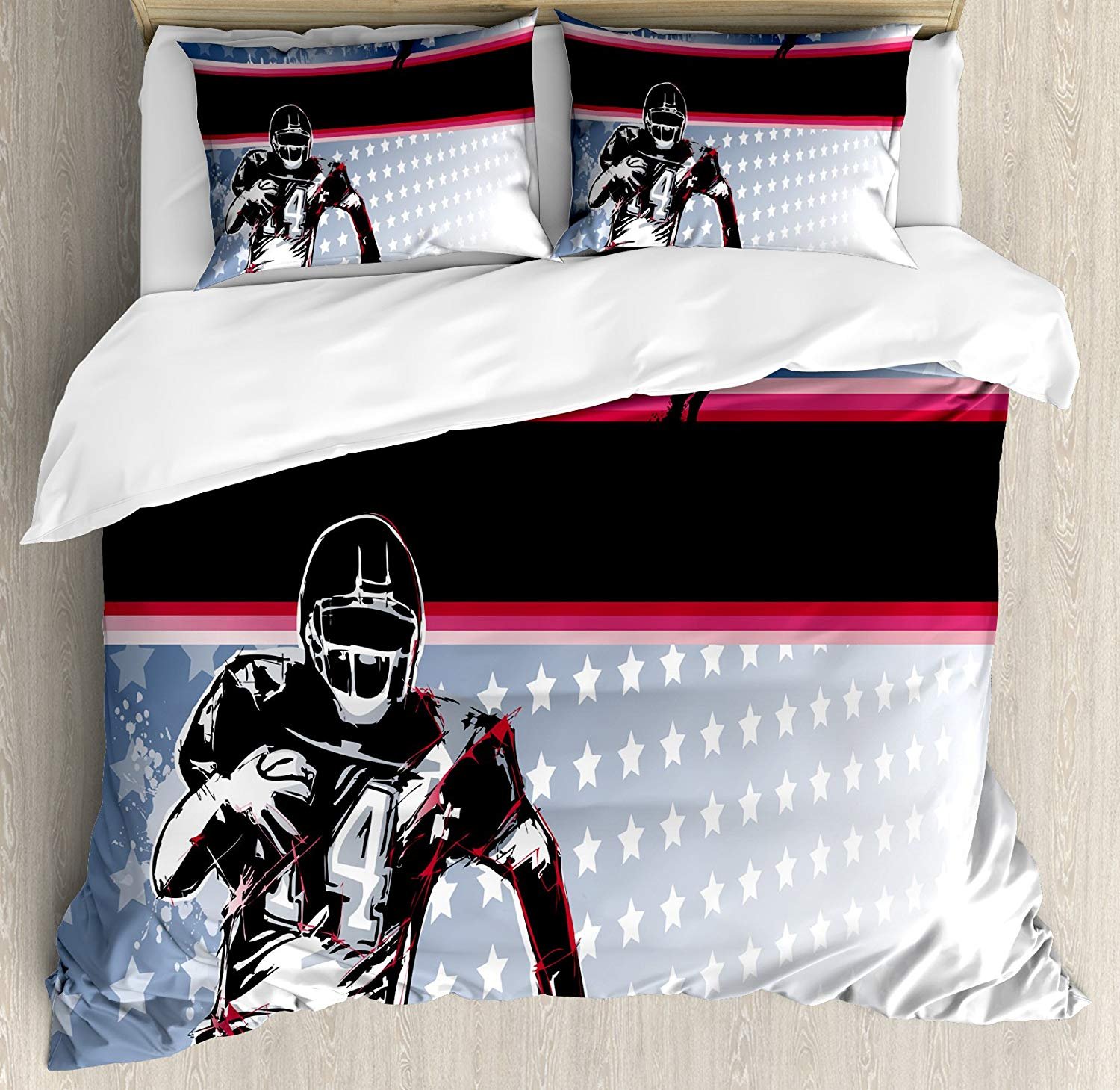 3 Piece King Size Bedding Set - Americana Decor Duvet Cover with Zipper Closure & 2 Pillow Shams - Baseball Football Player Running Field Stars Pattern - Perfect for Sports Fans Bedroom, Dorm Room Decor, Patriotic Theme Home Styling
