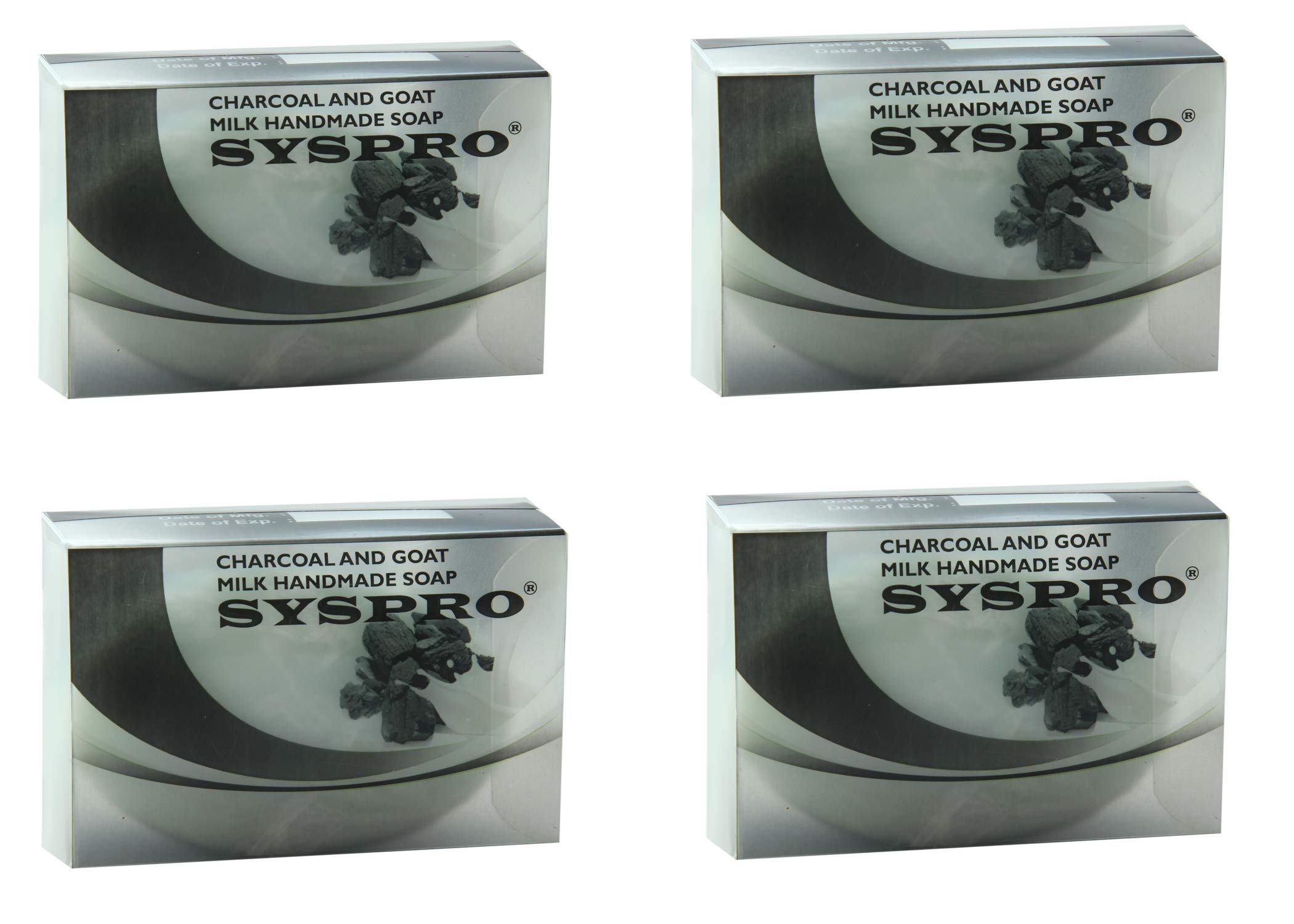 SYSPRO Charcoal Goat Milk Soap Bar - Handmade Organic Herbal Soap for Women & Men - Natural Skin Cleanser for Glowing Complexion - 100g Each (Pack of 4) - Perfect for Dry Skin, Acne Treatment & Daily Facial/Body Care