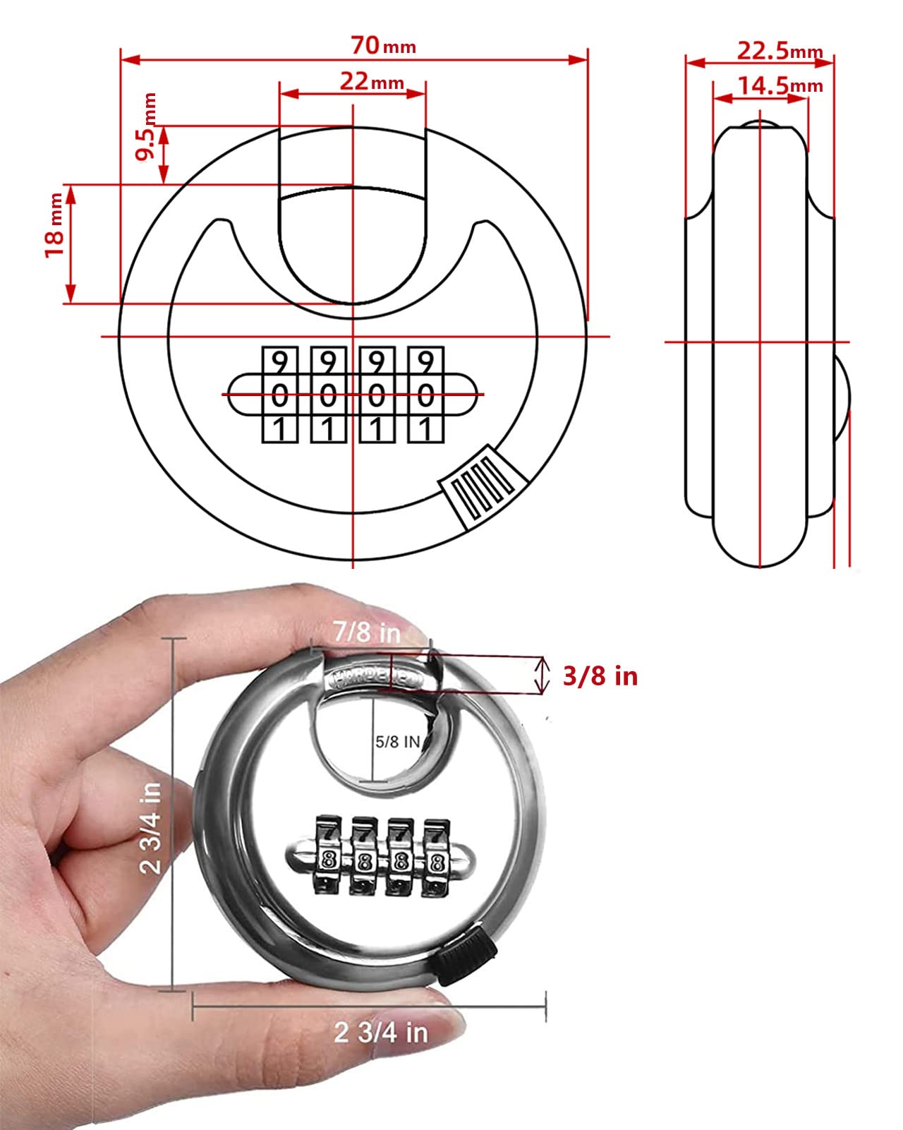 High Security Disc Combination Padlock - Silver & Red - Ideal for Lockers, Gym Bags, Toolboxes & Outdoor Use