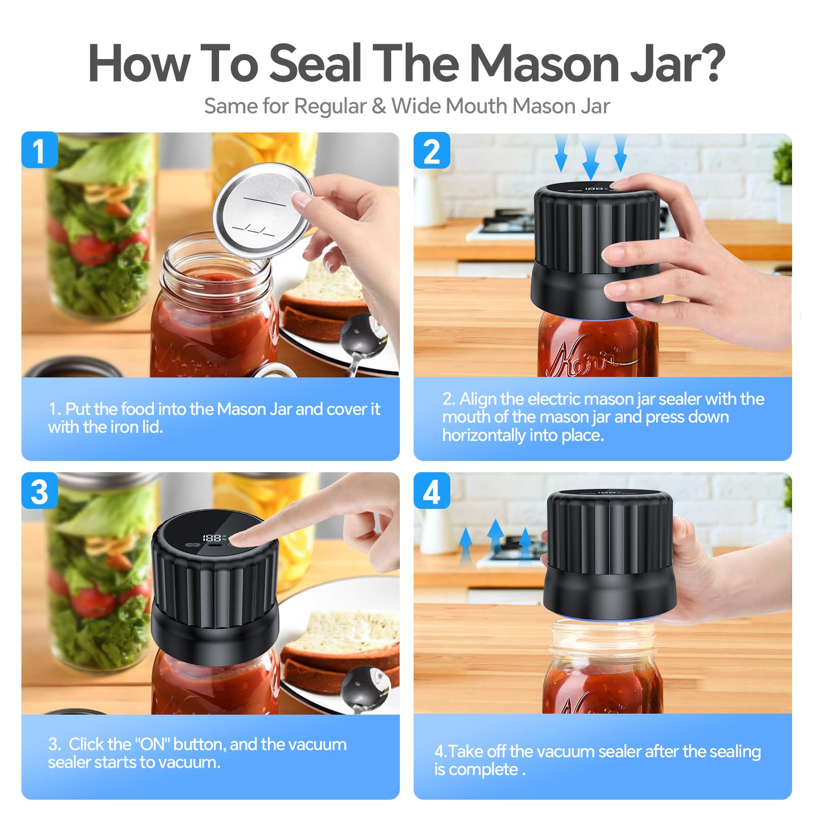 Electric Mason Jar Vacuum Sealer Kit - Wide & Regular Mouth Jar Sealer with Vacuum Bags | Cordless Food Storage System for Canning, Meal Prep & Freshness Preservation | Strong Suction, Black | Perfect for Home Kitchen, Camping & Long-Term Food Storage