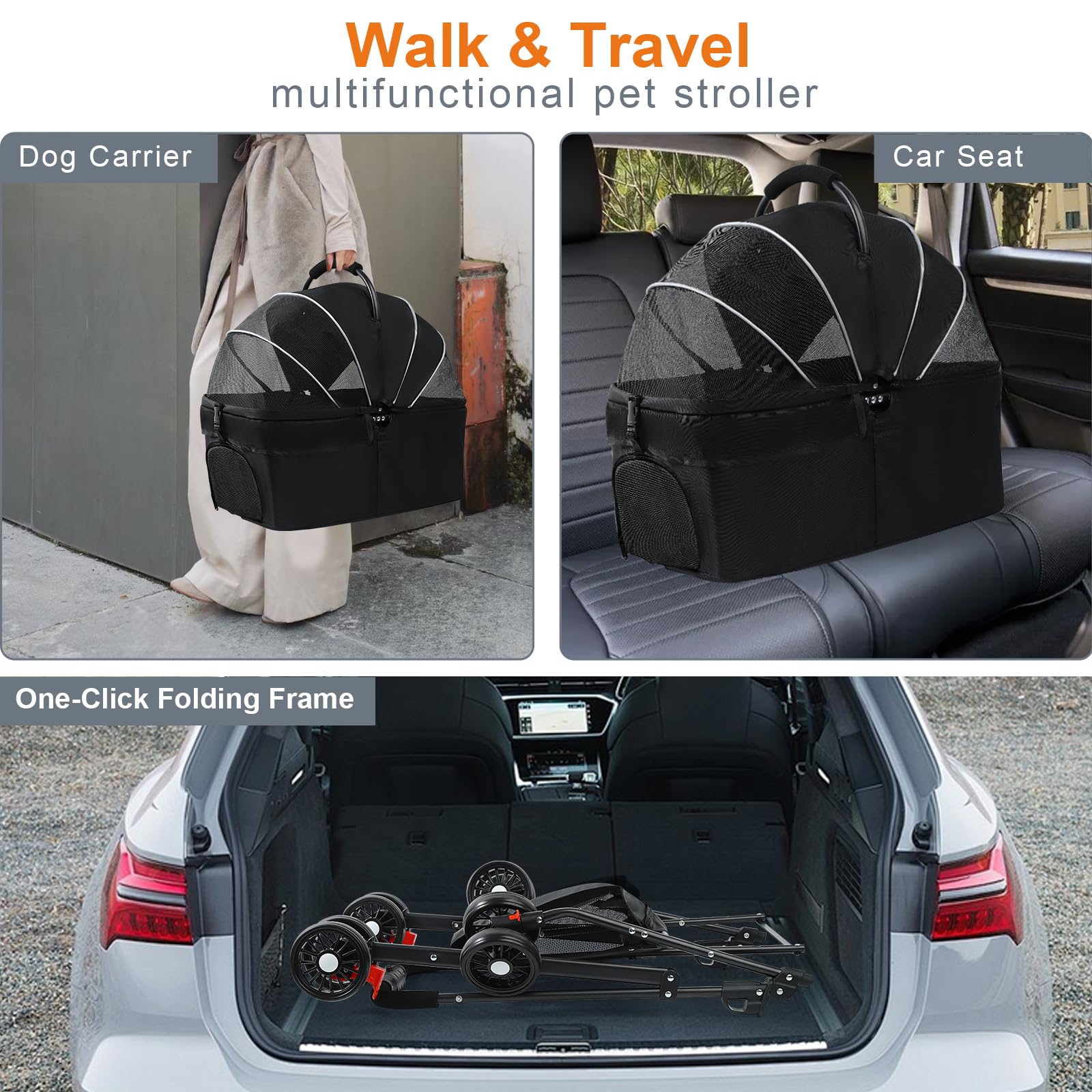 3 in 1 Foldable Pet Stroller for Small & Medium Dogs & Cats (10-50 lbs) - Removable Carrier, Storage Bag & Wheels - Perfect for Vet Visits, Shopping & Outdoor Adventures (Black)