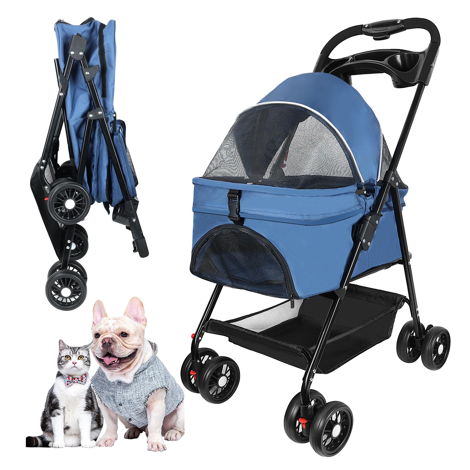 Premium 4-Wheel Pet Stroller for Small & Medium Dogs & Cats Up to 30lbs - Foldable Design with Storage Basket & Cup Holder (Blue) - Perfect for Park Walks, Vet Visits & Shopping Trips