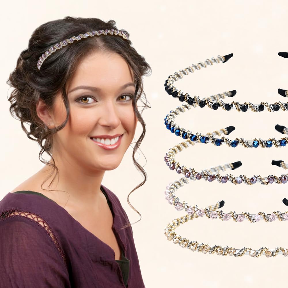 Sparkly Crystal Rhinestone Metal Thin Headbands for Women - 5 Pack Wedding, Party, Prom Hair Accessories - Elegant Hair Hoops for Girls & Teens - Perfect for Bridal, Birthday & Special Occasions