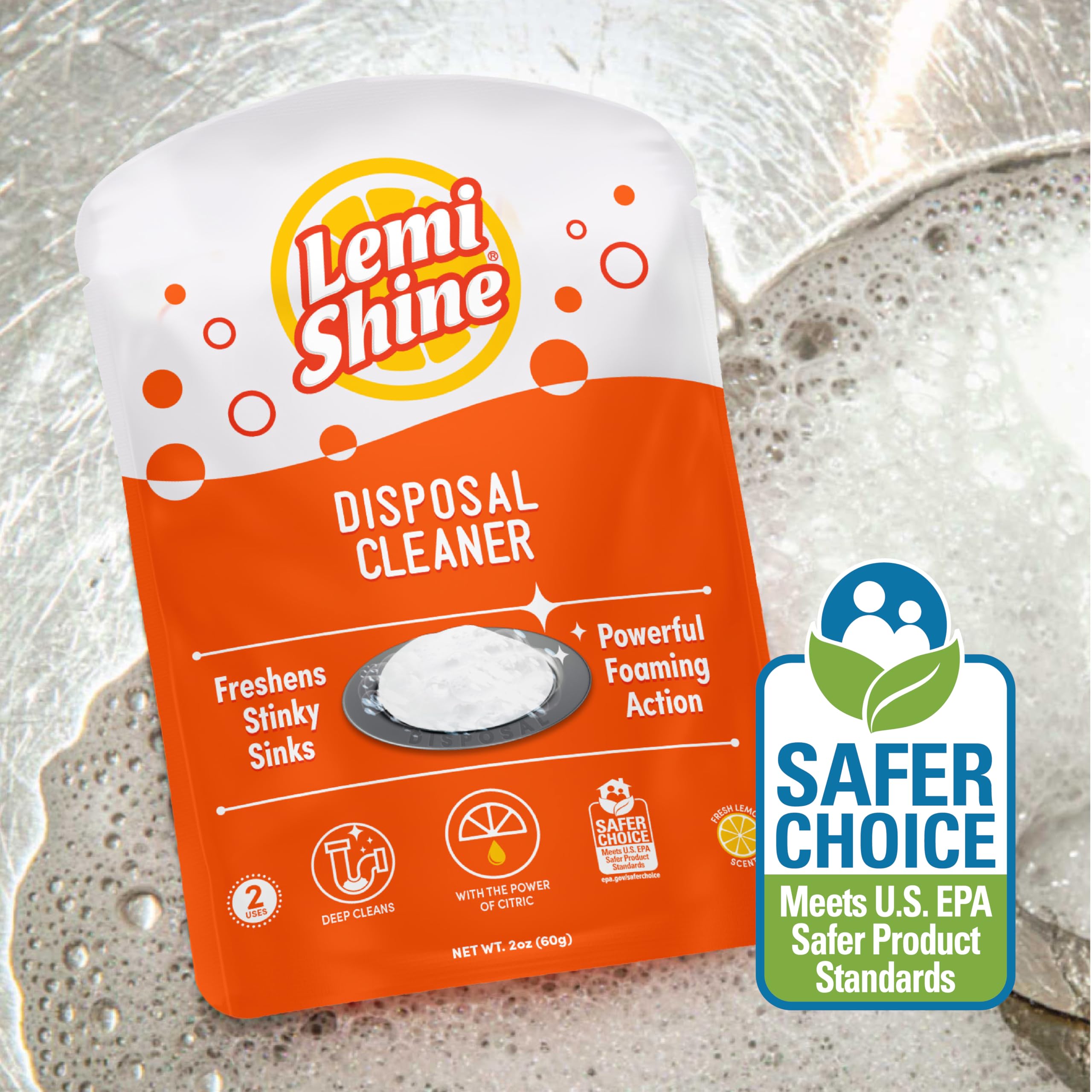 Lemi Shine Natural Lemon Scent Garbage Disposal Cleaner & Deodorizer - Citric Acid Foam Cleaner for Kitchen Sink Drain (2 Pack) | Eliminate Odors & Keep Disposal Fresh | Perfect for Daily Cleaning & Maintenance