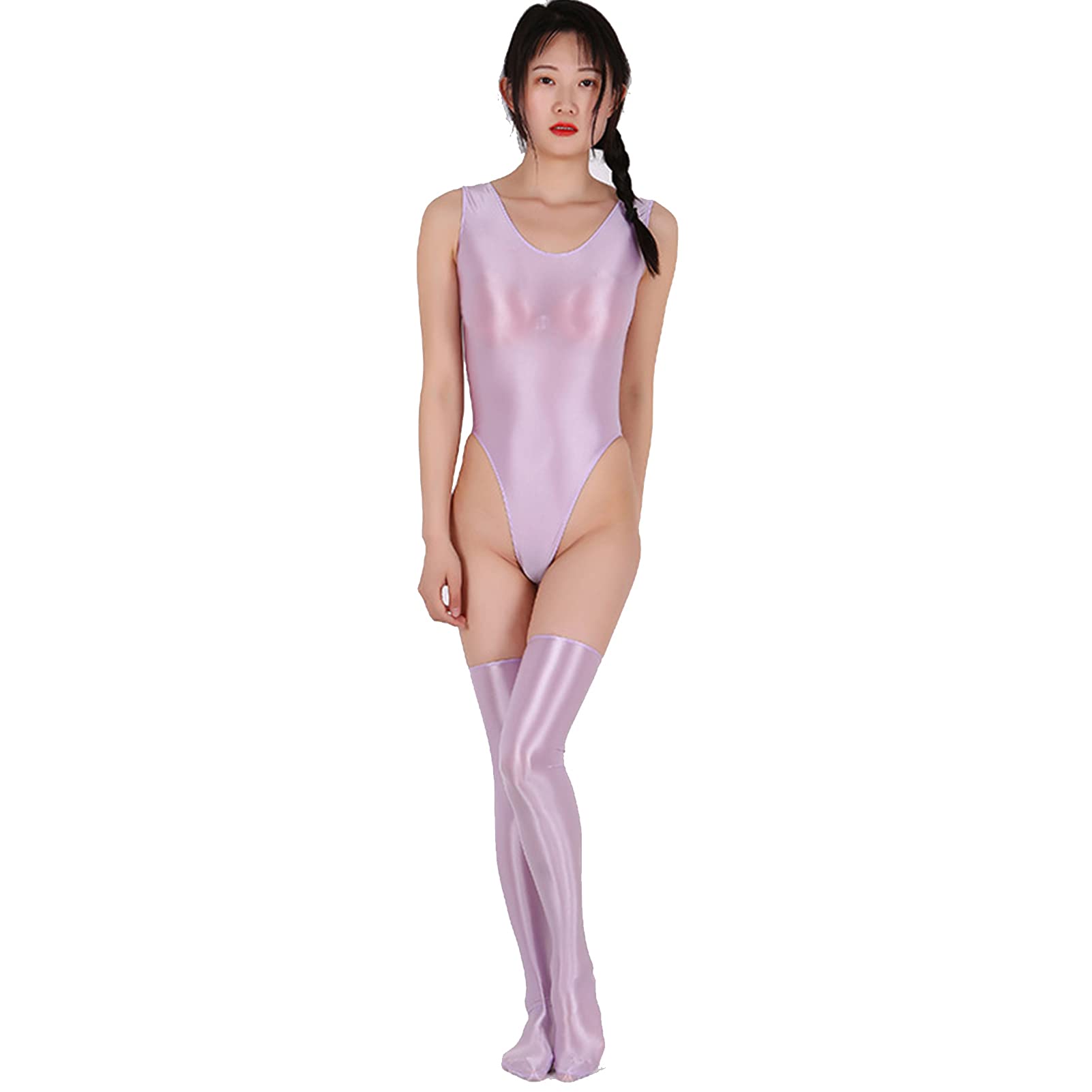 Leesuo Women's Sexy High Cut Bodysuit - Shiny Glossy Leotard with Thigh High Stockings | Perfect for Halloween, Cosplay & Nightclub Outfits