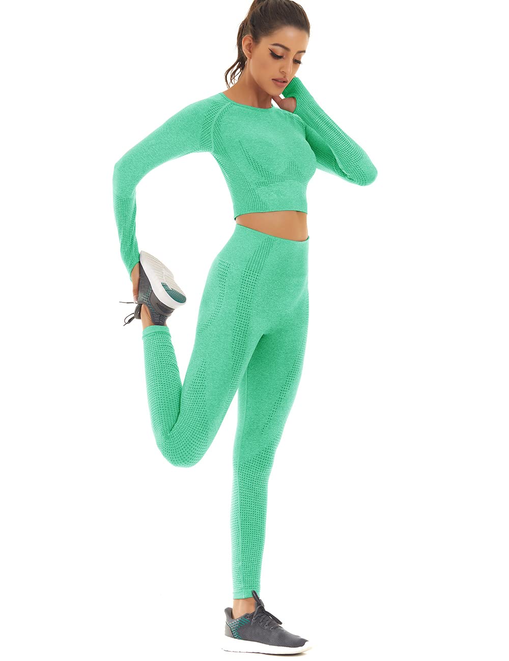 **Women's Seamless Workout Outfit - 2 Piece Athletic Set with High-Waisted Leggings & Long Sleeve Top | Gym, Yoga, Running, Fitness & Casual Wear**