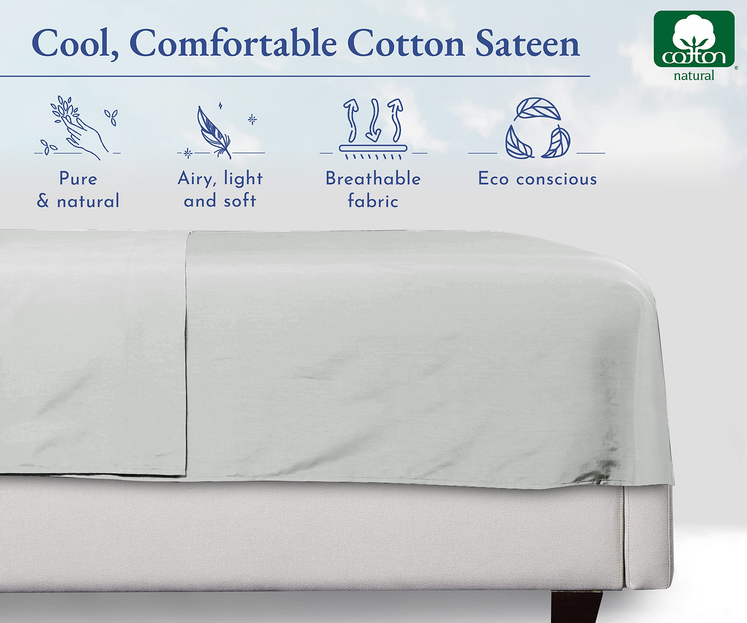 California Design Den 100% Cotton King Size Flat Sheet - 400 Thread Count Sateen Weave, Cooling & Breathable Bed Sheet, Light Grey - Perfect for Hot Sleepers, Luxury Bedding & Guest Rooms