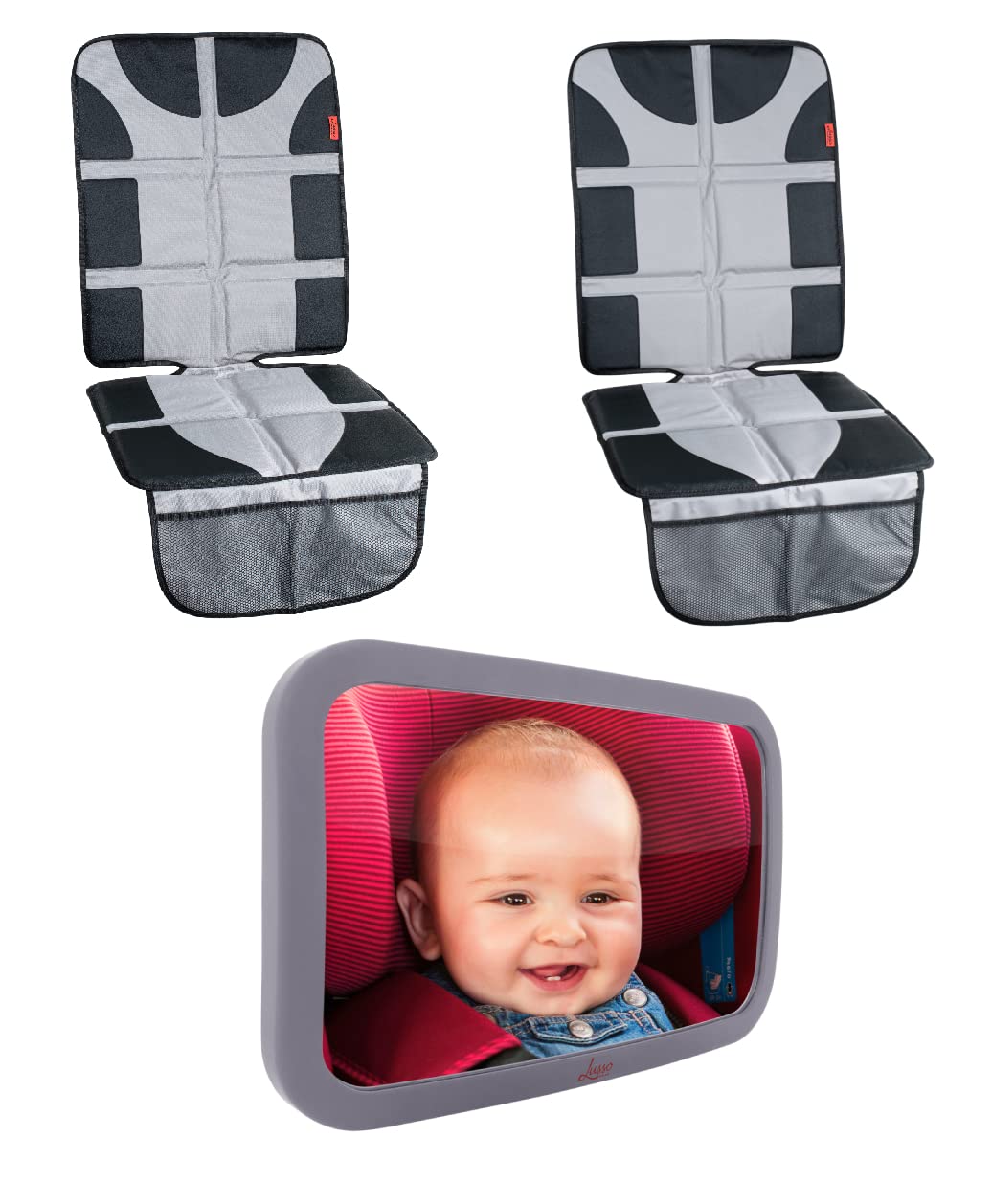 Lusso Gear 2-Pack Waterproof Car Seat Protectors (Gray) + Baby Backseat Mirror for Car - Premium Oxford Fabric for Leather & Fabric Seat Protection - Travel & Baby Safety Essentials for Road Trips & Daily Commutes