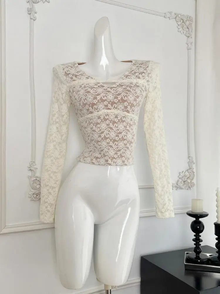Vintage French Fashion Women's Beige Lace V-Neck Long Sleeve Pullover T-Shirt - Elegant Autumn Top for Casual Wear, Office & Date Nights