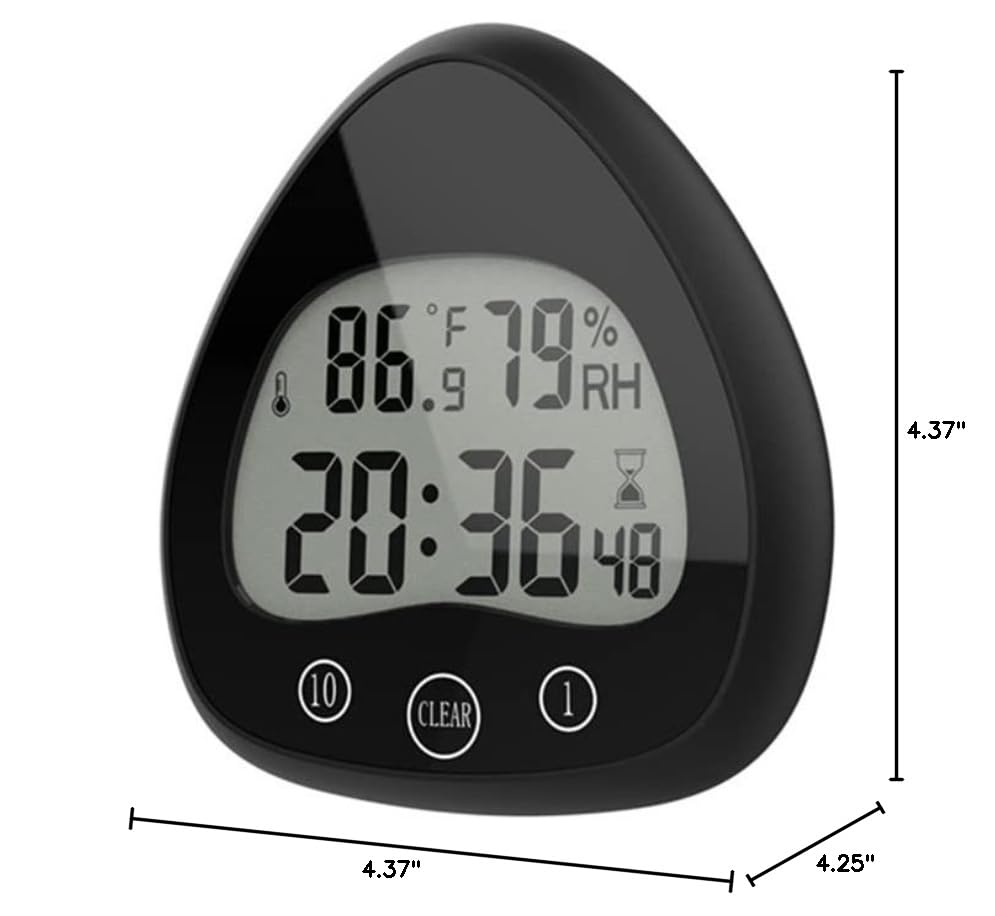 Lancoon Digital Wall Clock - Waterproof, Fog-Proof, Dust-Proof Bathroom & Kitchen Timer with Temperature & Humidity Sensor - Silent Operation with Suction Cup Hook (Black) - Perfect for Shower, Sauna, Pool Area & Humid Environments