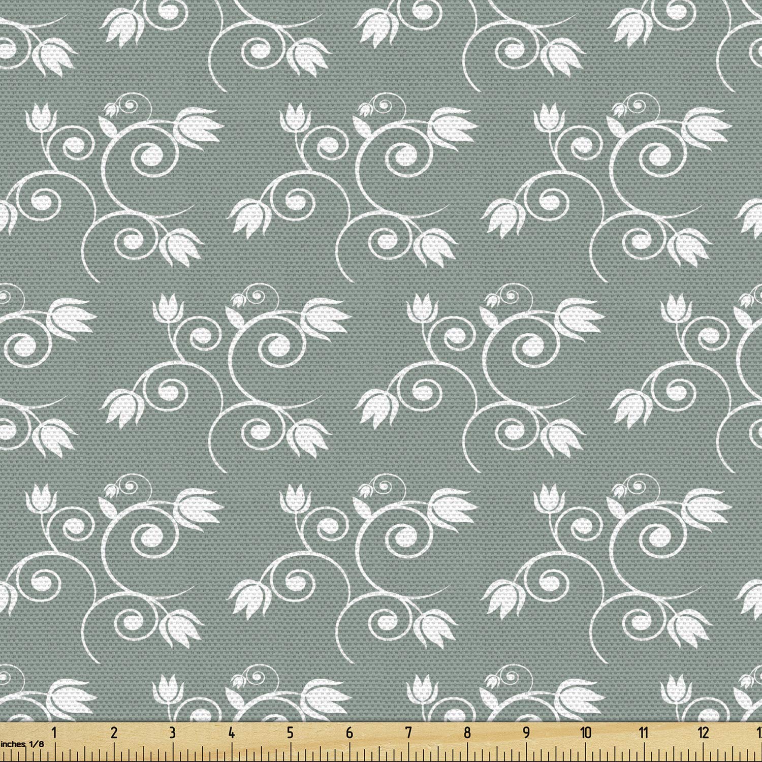 Ambesonne Vintage Floral Fabric by The Yard - Spring Meadow Swirled Twigs with Tulips Nature Art - Pale Sage Green & White Decorative Upholstery Fabric (10 Yards) for Sofa, Curtains & Home Decor