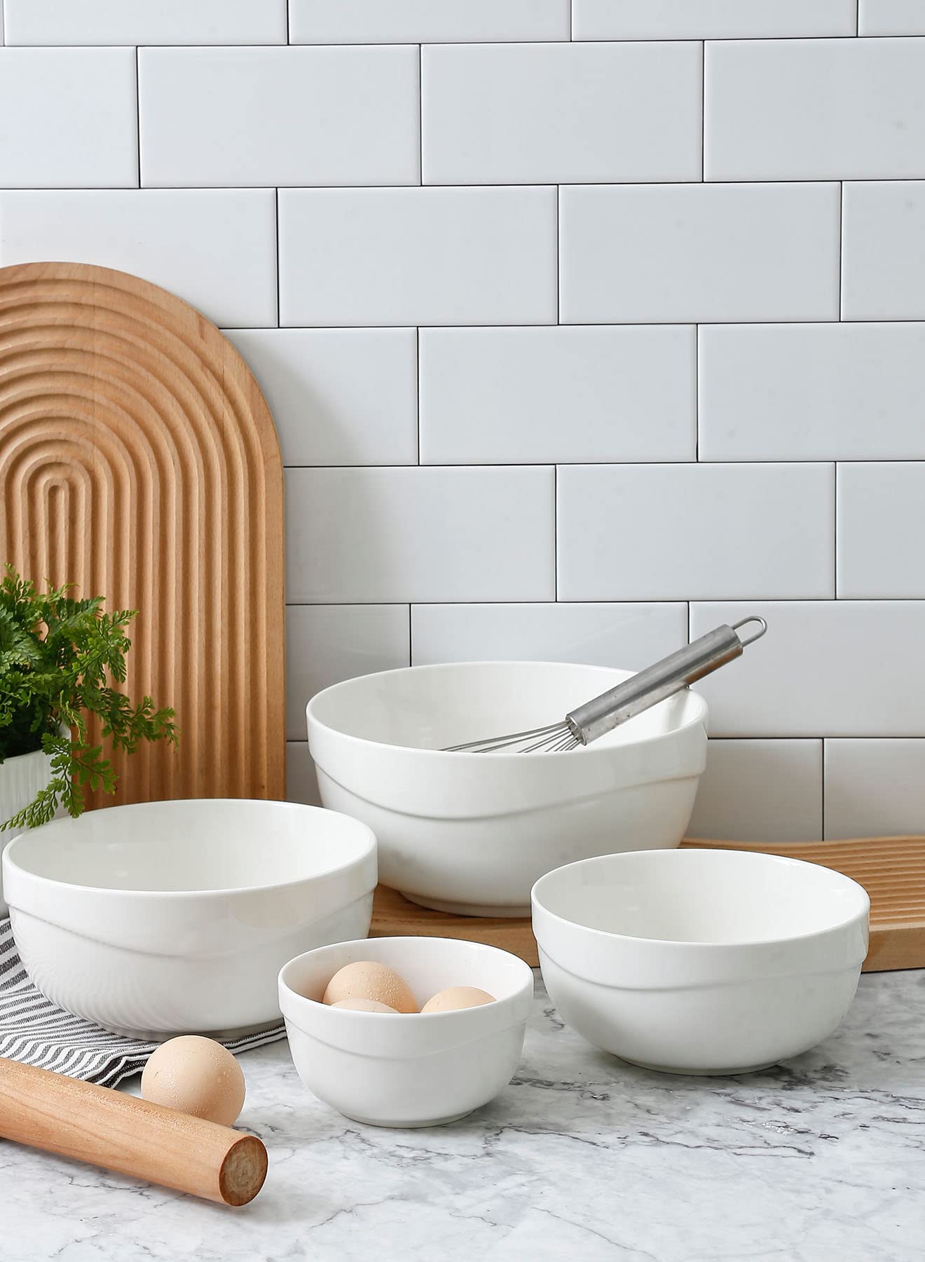 Onniyor 4-Piece Ceramic Mixing Bowls Set - 10, 25, 40 & 60 oz Thick Rimmed Non-Slip Kitchen Prep Bowls for Baking, Cooking, Serving & Food Storage - White