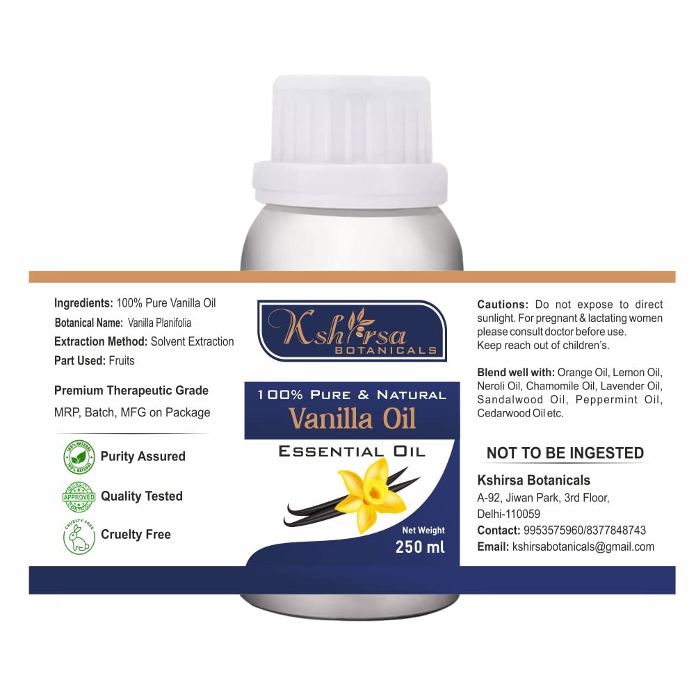 Pure & Natural Vanilla Essential Oil (Vanilla Planifolia) - 250ml for Skin Care, Hair Growth & Aromatherapy | Moisturizing Face Serum, Scalp Treatment & Relaxing Diffuser Oil for Spa, Massage & Home Fragrance