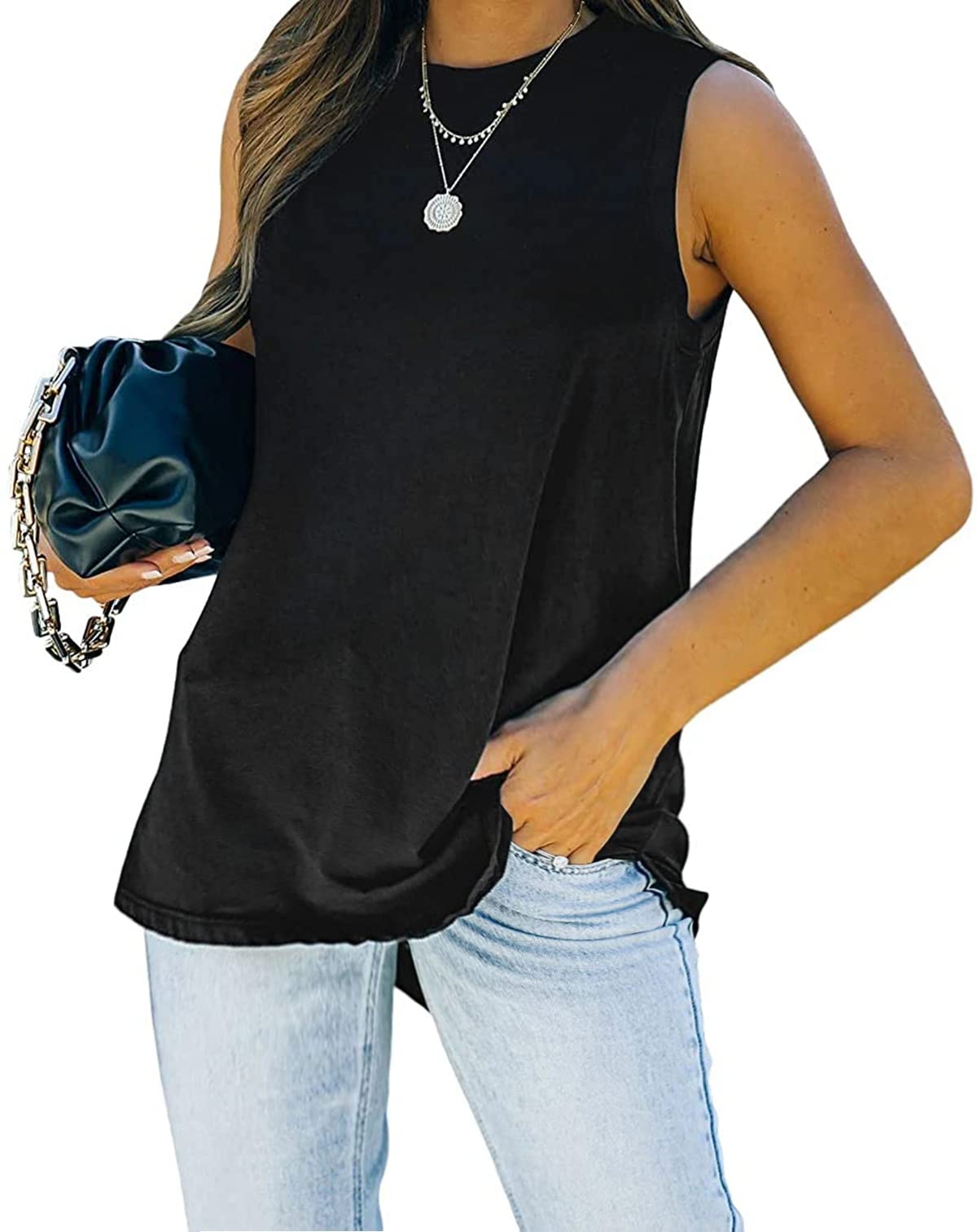 XDHILATO Women's Sleeveless Crewneck Tank Tops - Casual Loose Fit Side Split Summer T-Shirts for Yoga, Beach, and Everyday Wear
