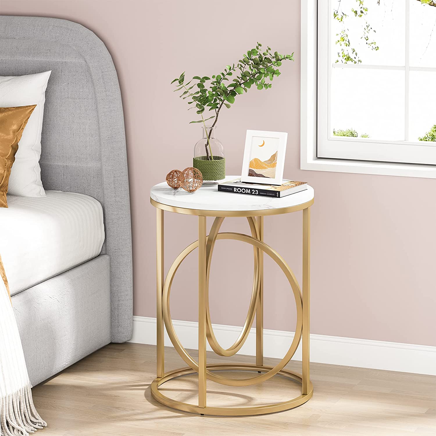 Modern Round End Table with Faux Marble Top - Stylish Sofa Side Table for Living Room, Bedroom & Office Decor