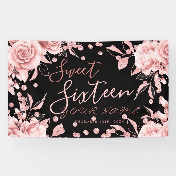 Custom Rose Gold Black Sweet 16 Glitter Confetti Floral Birthday Banner - Perfect for Sweet 16 Parties, Birthday Decorations & Special Celebrations