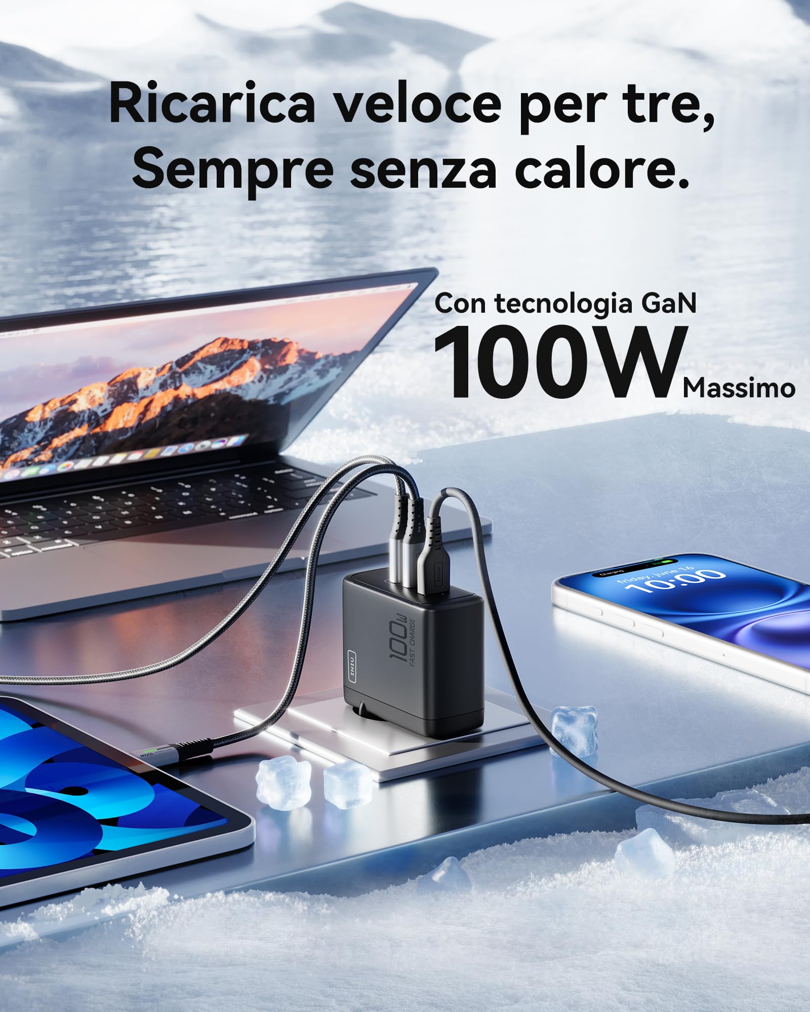 INIU 100W USB C GaN III Fast Charger, 3-Port Compact USB Car Charger with 100W Cable - Compatible with MacBook iPad Pro/Air, iPhone 16/15/14 Pro Max, Samsung S24 Ultra, Tablets & Laptops - Perfect for Travel, Office & Home Charging