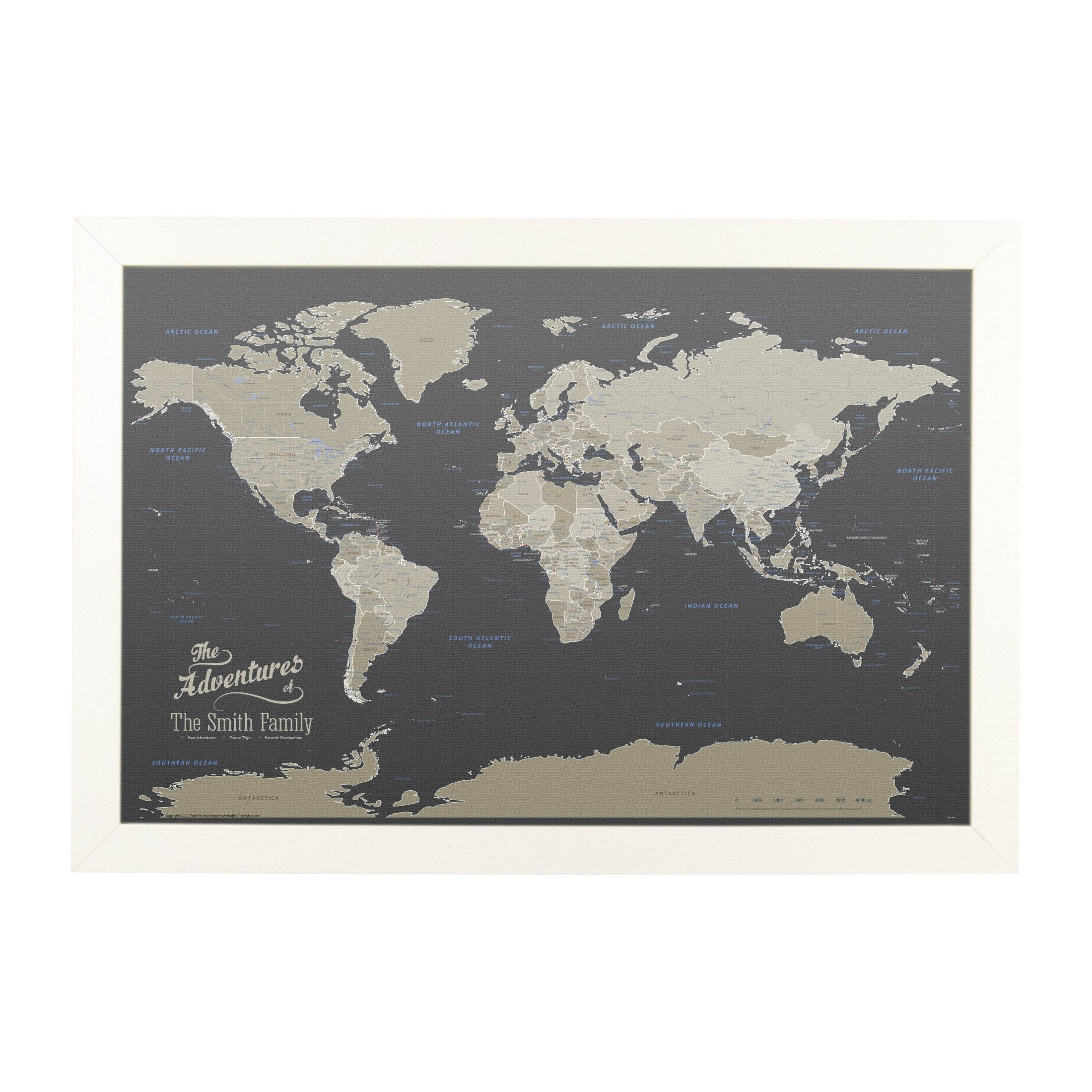 Personalized Earth-Toned Canvas World Push Pin Travel Map with Textured White Frame - Perfect for Travel Enthusiasts, Home Decor & Office Wall Art