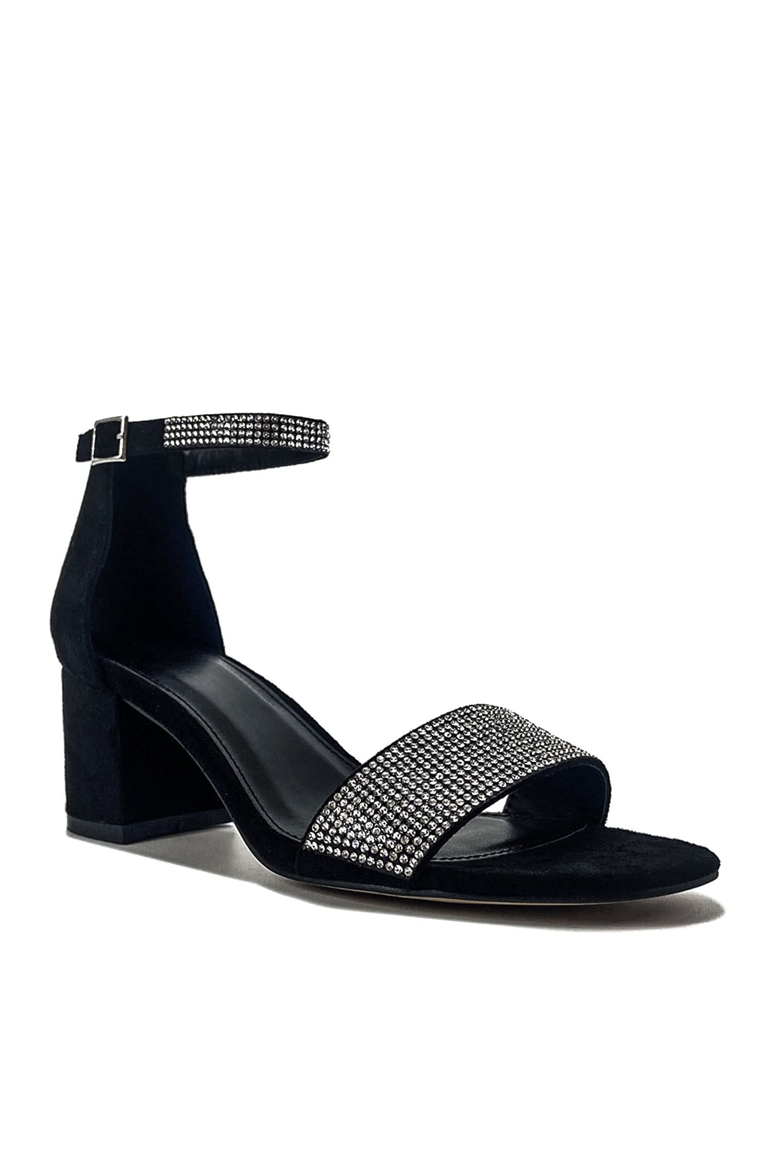 Stylish Women's Black & Silver Rhinestone Sandals - Chunky Low Heel Open Toe Dressy Pumps for Weddings, Parties & Special Occasions