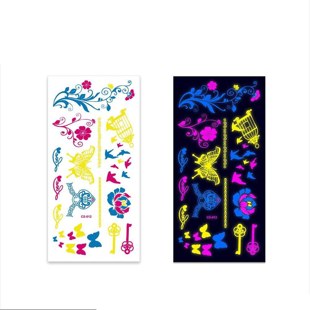 Glow in the Dark UV Neon Temporary Tattoos - Waterproof Fake Body Art Stickers for Women & Men (Butterfly, Flower, Bird Designs) 21x10.5cm - Perfect for Festivals, Parties, Raves & Body Art Photography
