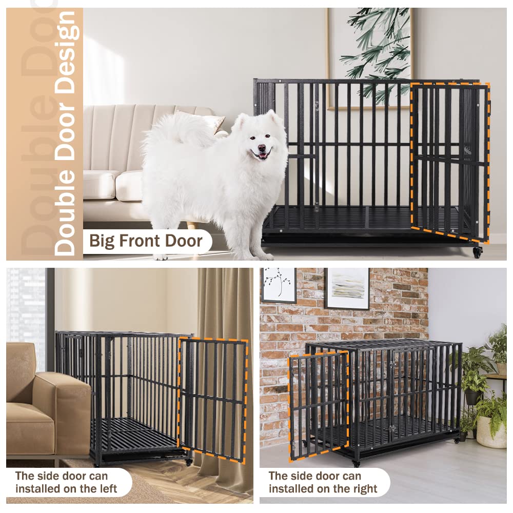 LUCKUP 42 Inch Heavy Duty Metal Dog Crate with 2 Doors & 4 Wheels - Stackable Large Dog Kennel Cage for Medium & Big Dogs - Removable Tray - Perfect for Home, Travel & Vet Visits